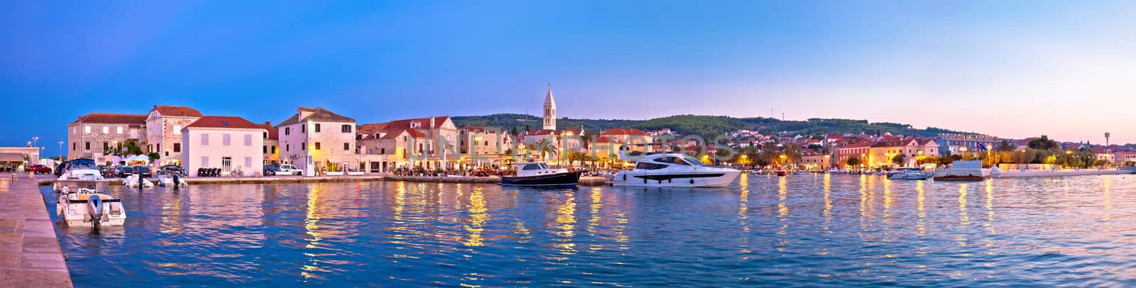 Supetar waterfront sunset panoramic view, island of Brac, Dalmatia, Croatia