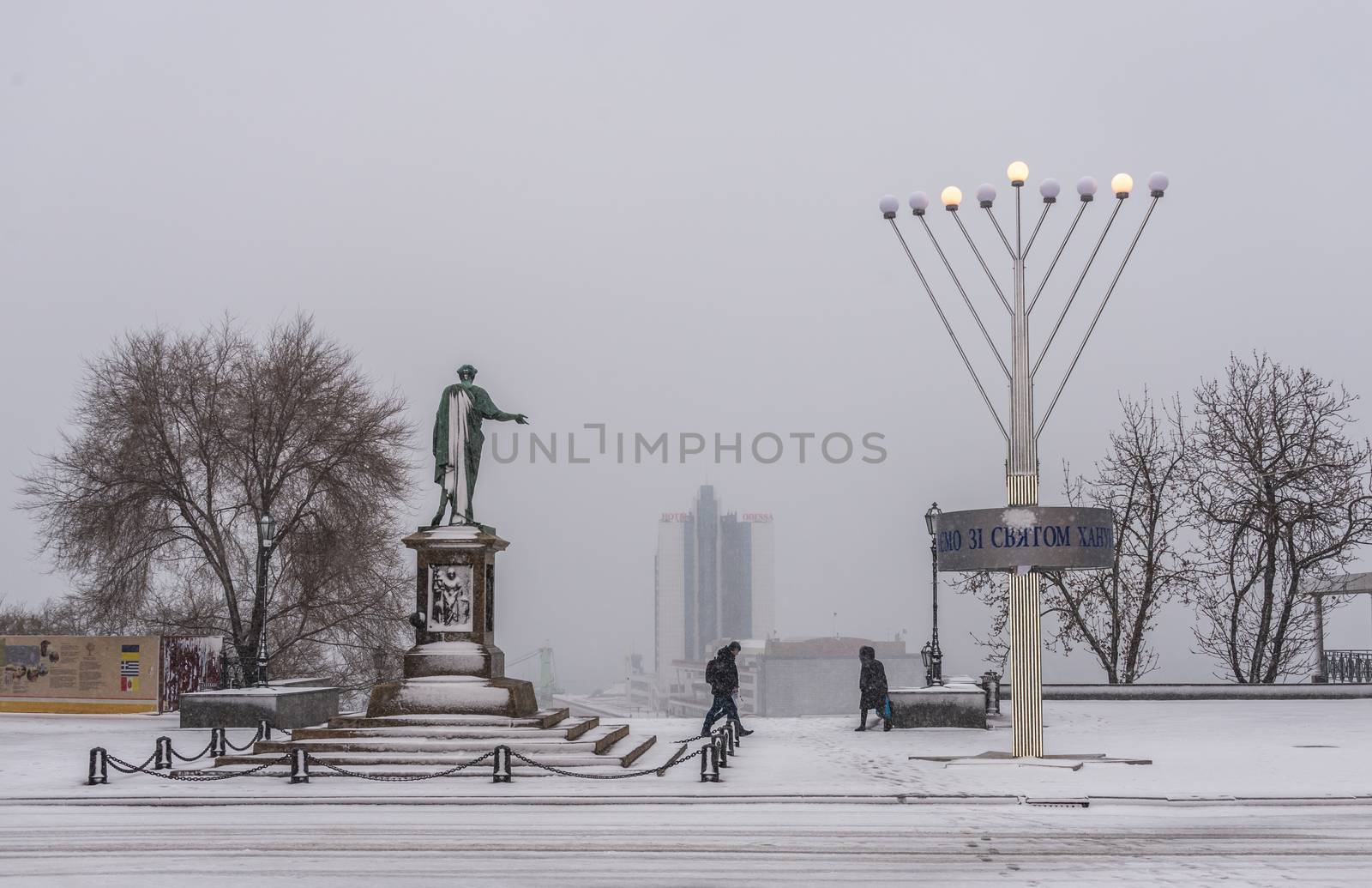 Odessa, Ukraine - 12.10.2018. Snowy winter morning on Primorsky Boulevard in Odessa, Ukraine. Panoramic view