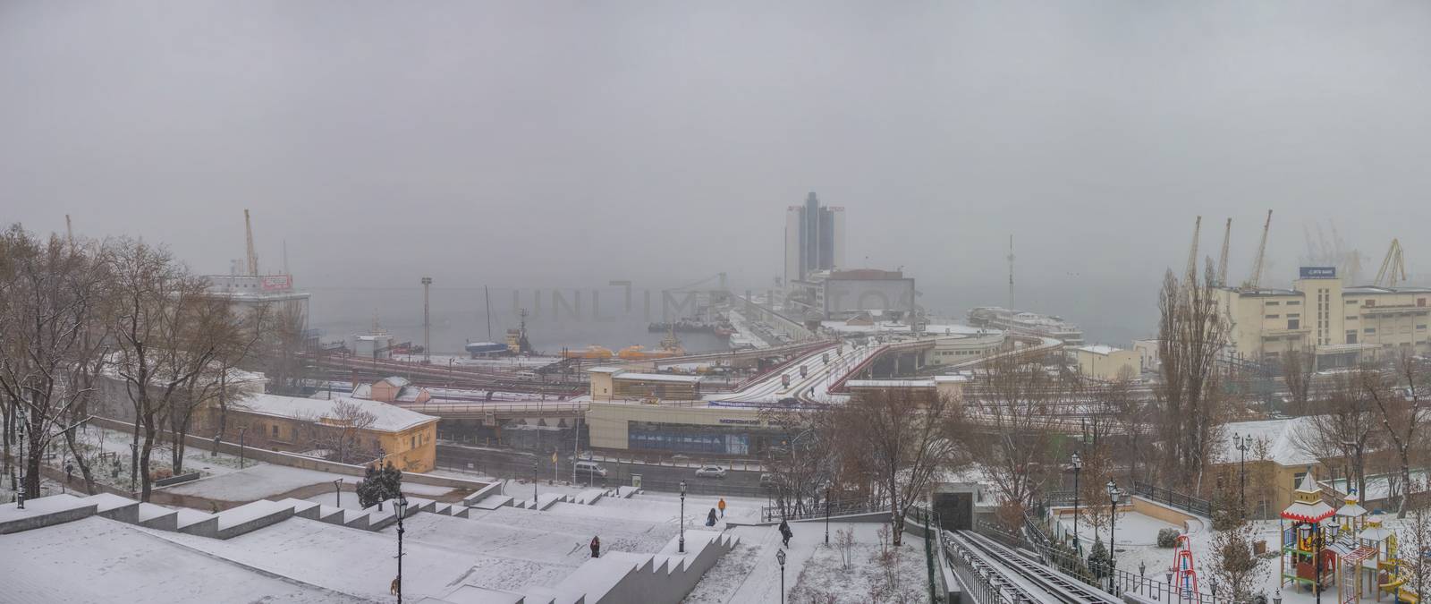 Odessa, Ukraine - 12.10.2018. Snowy winter morning on Primorsky Boulevard in Odessa, Ukraine. Panoramic view