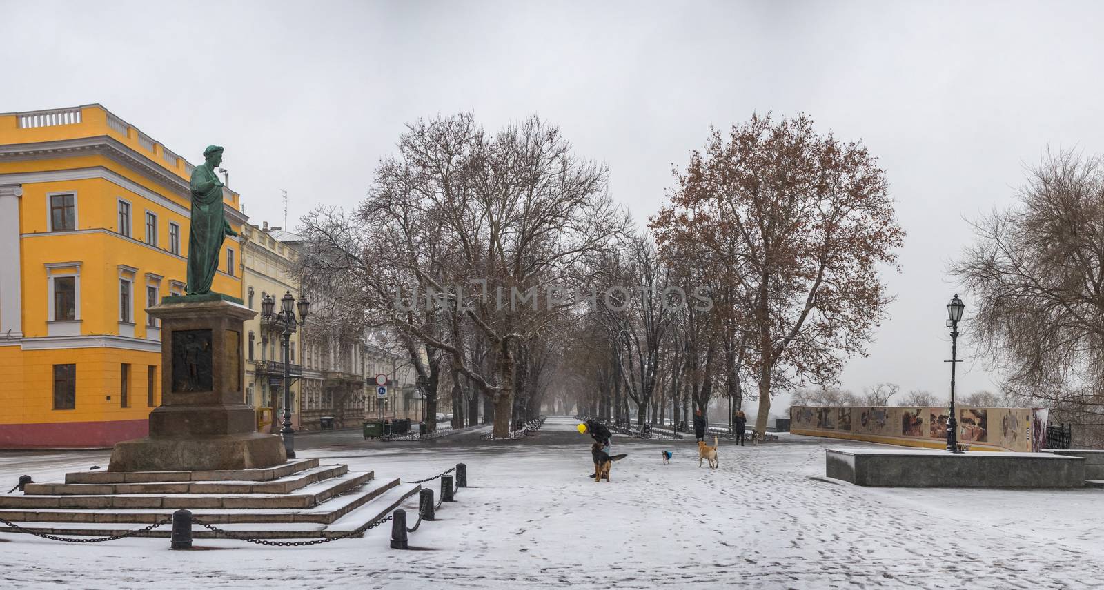 Odessa, Ukraine - 12.10.2018. Snowy winter morning on Primorsky Boulevard in Odessa, Ukraine. Panoramic view