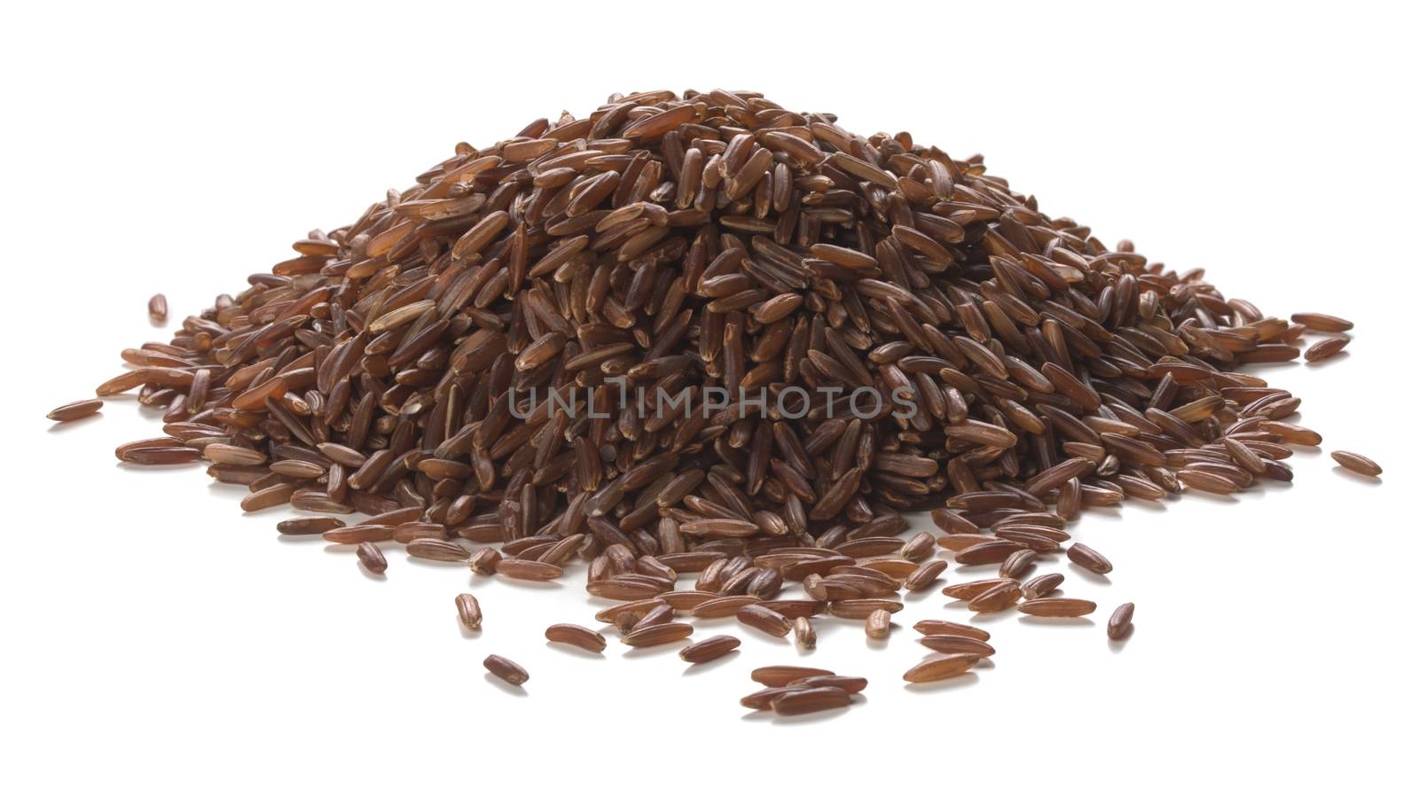 Close up photography of long grain red rice heap over white background. Packshot style 