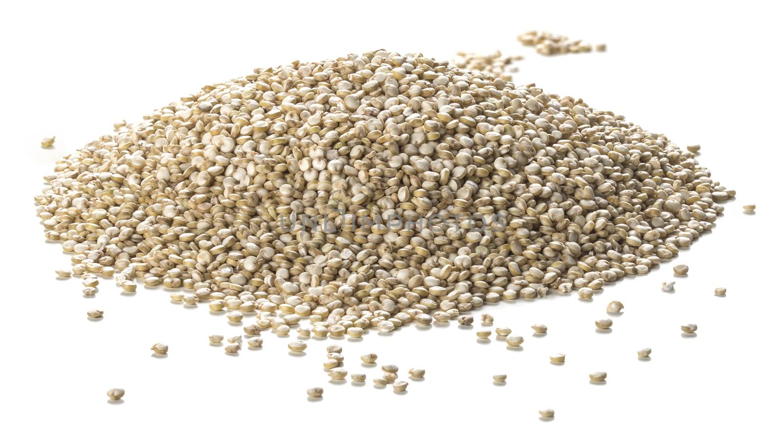 Close up photography of quinoa seeds heap over white background. Packshot style 