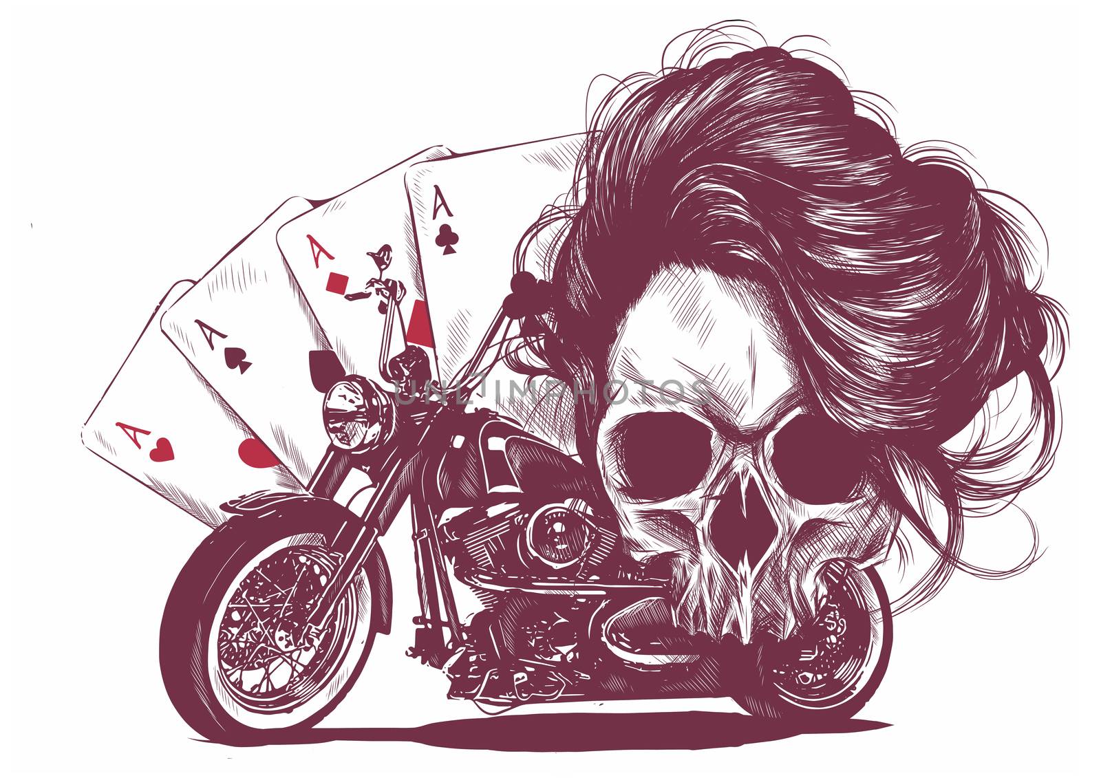 illustration Motorcycle woman skull with playing cards poker by dean
