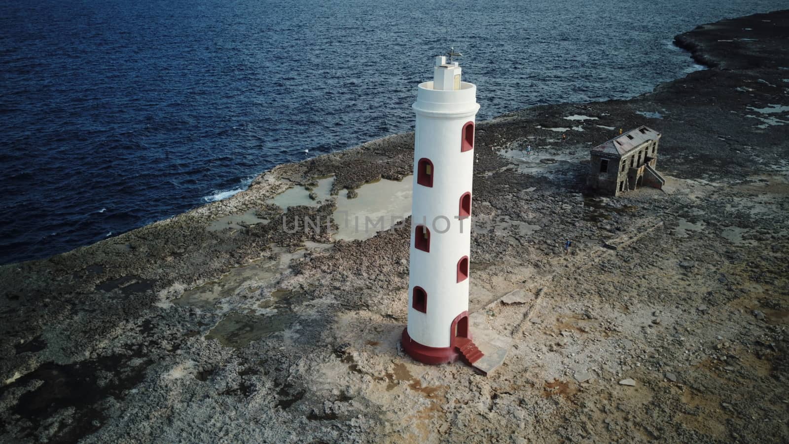 Lighthouse sea beach coast Bonaire island Caribbean sea aerial drone top view