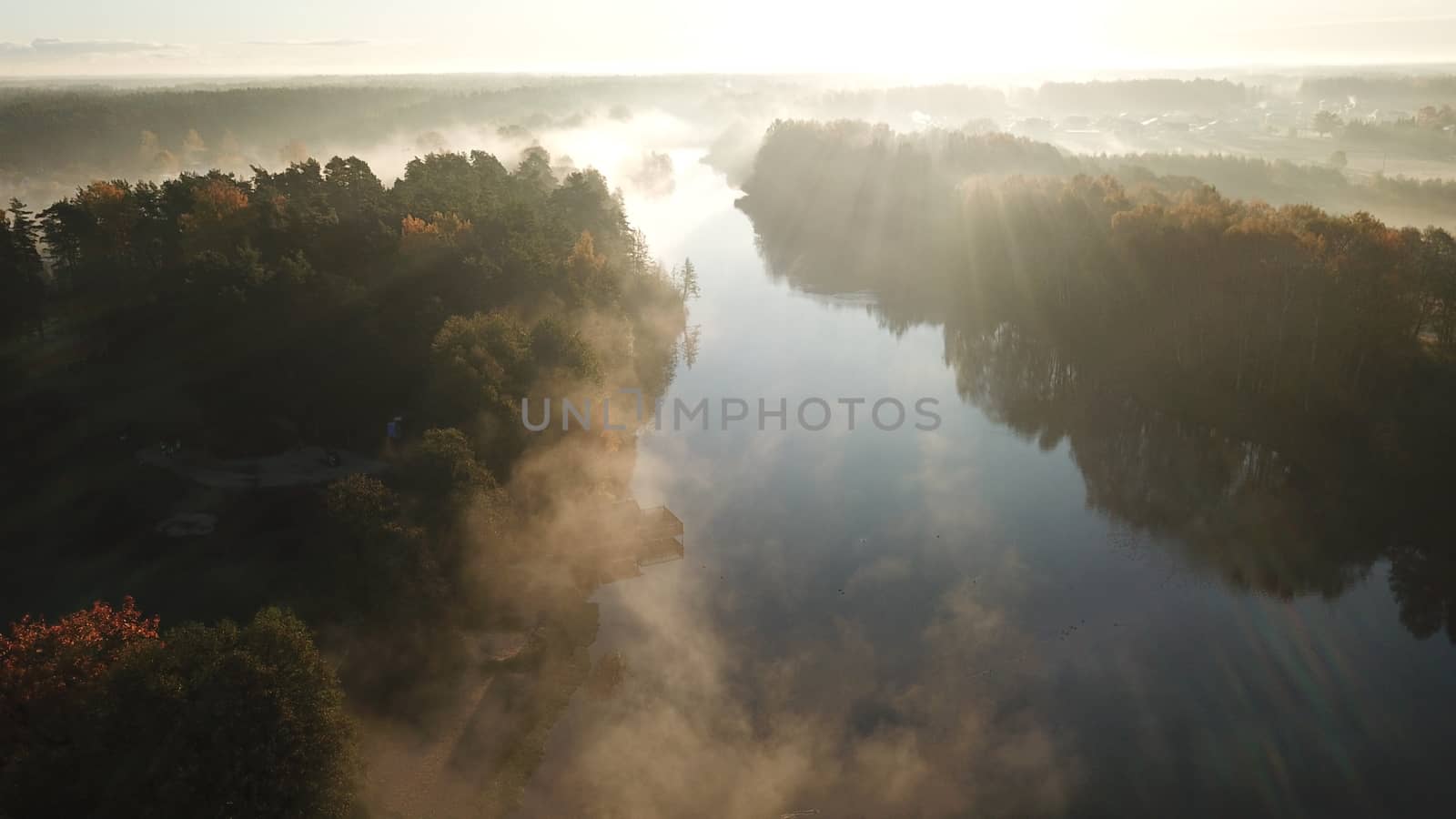 Morning smoke on the water Ulbroka lake Aerial drone top view Latvia