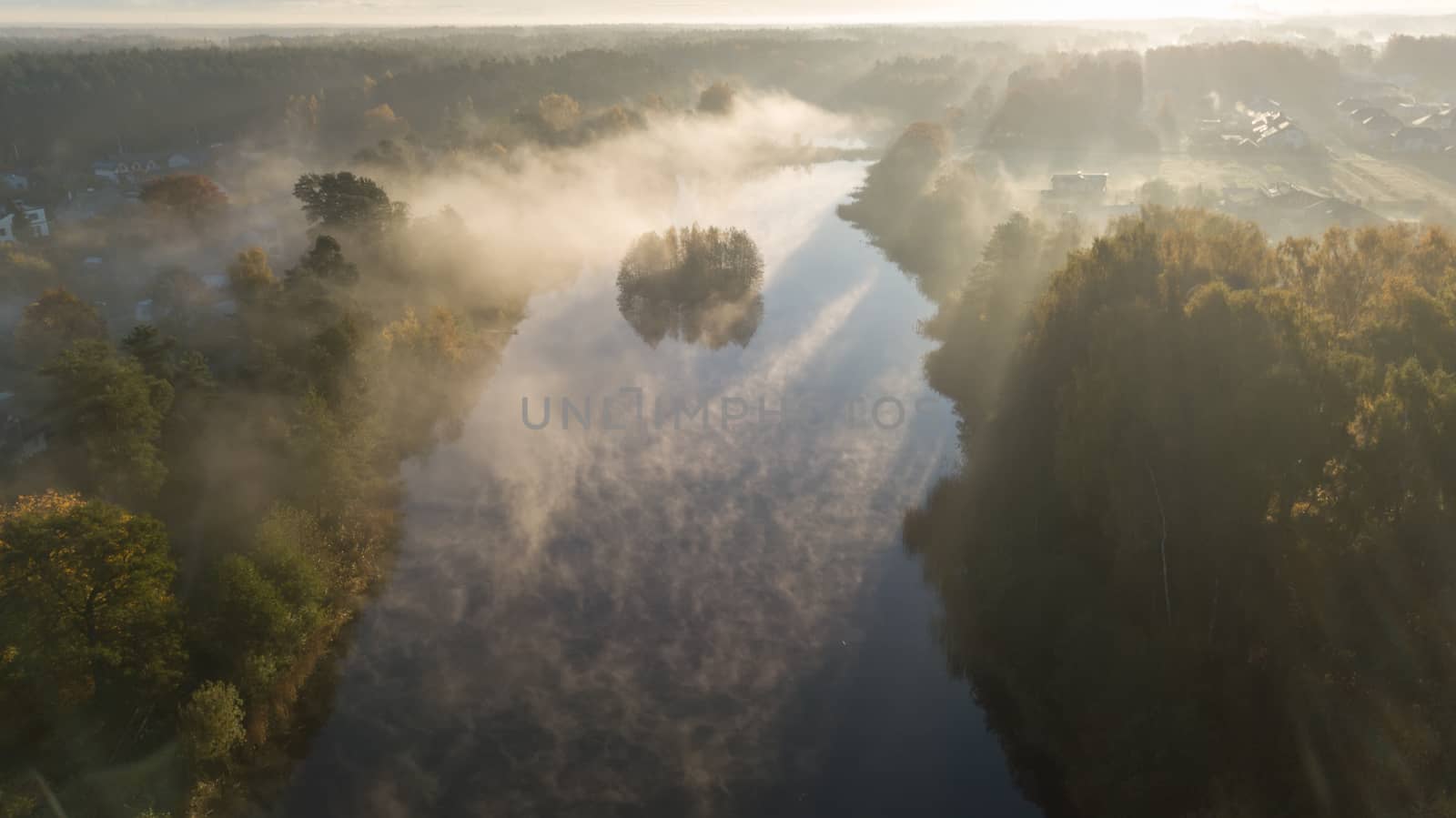 Morning smoke on the water Ulbroka lake Aerial drone top view Latvia