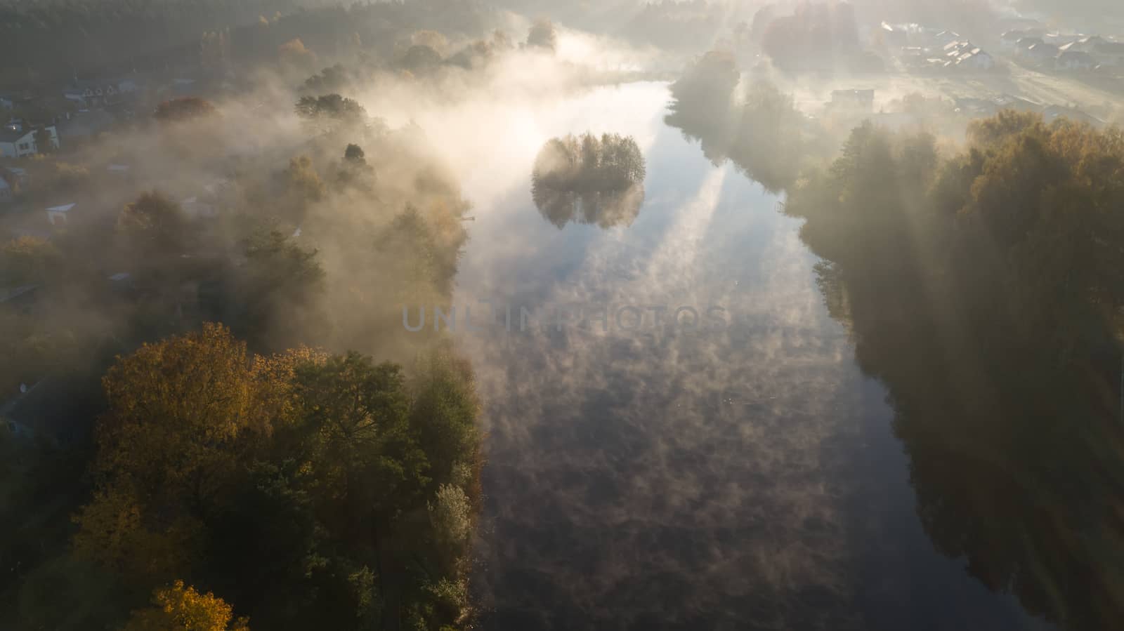 Morning smoke on the water Ulbroka lake Aerial drone top view Latvia