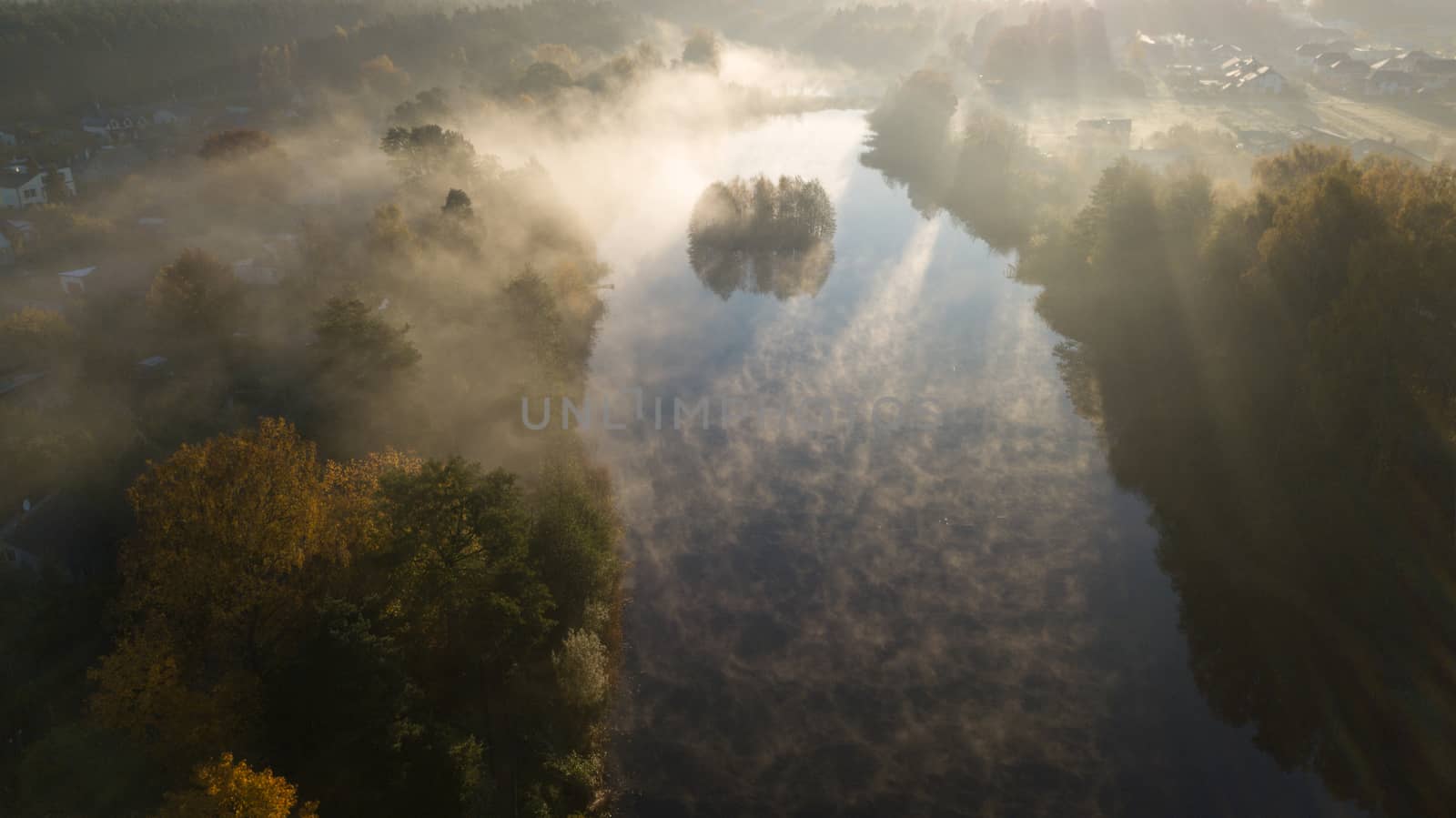 Morning smoke on the water Ulbroka lake Aerial drone top view Latvia