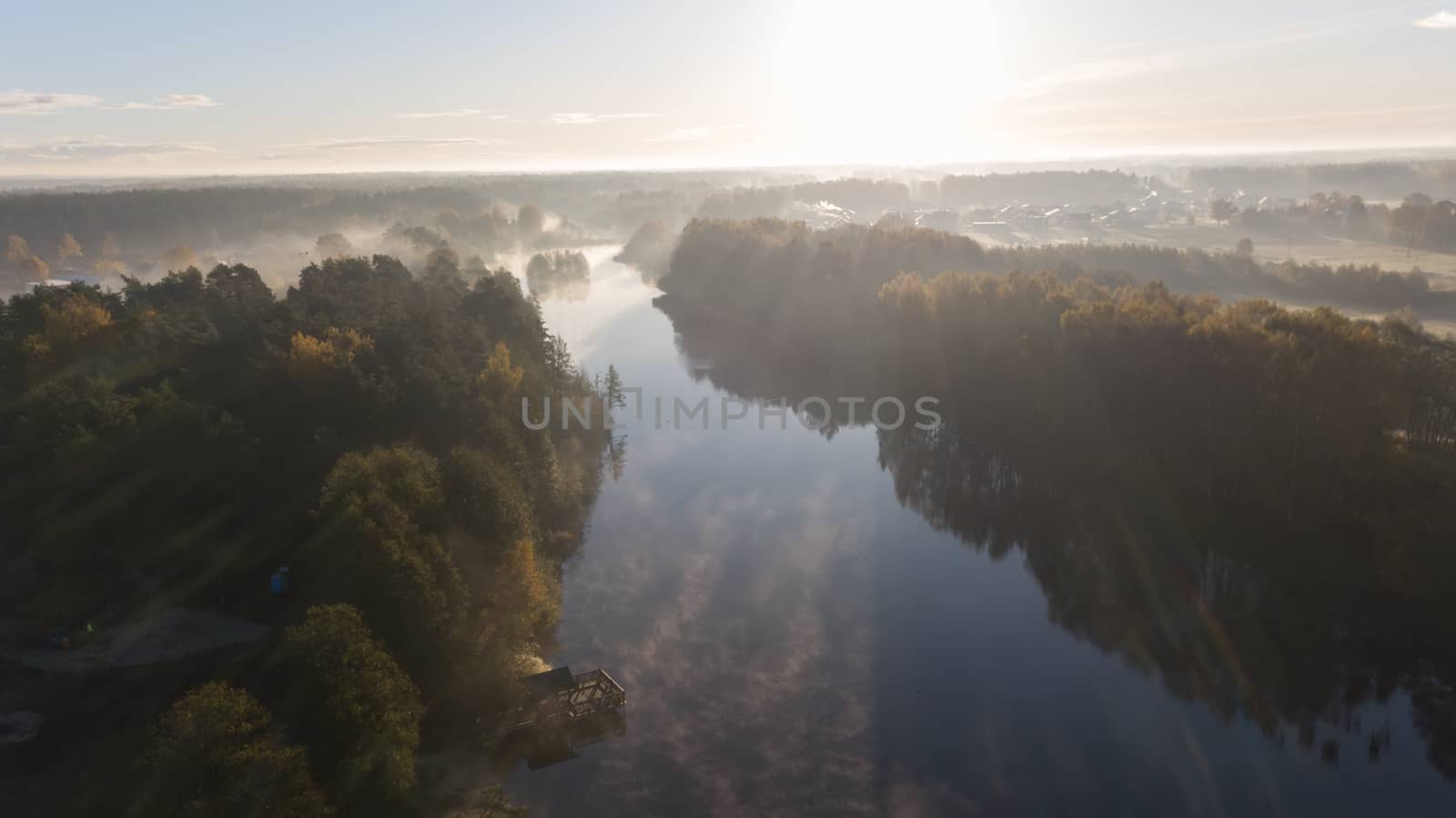 Morning smoke on the water Ulbroka lake Aerial drone top view Latvia