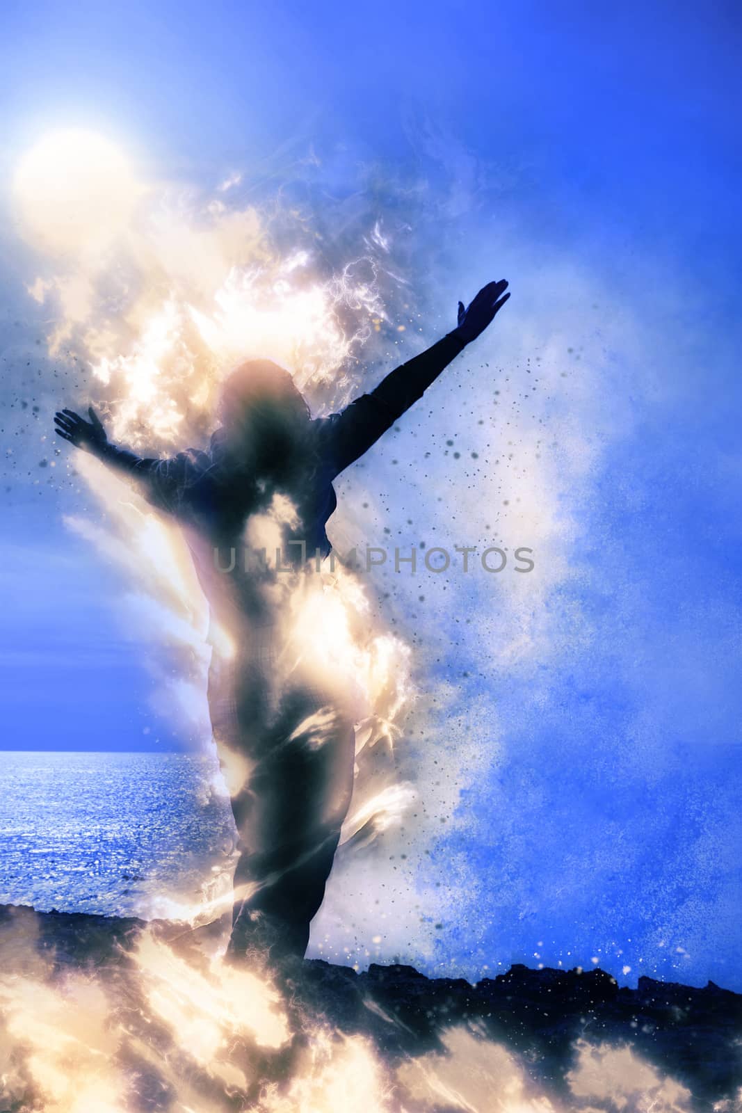 silhouette of lone woman on fire with giant wave by morrbyte