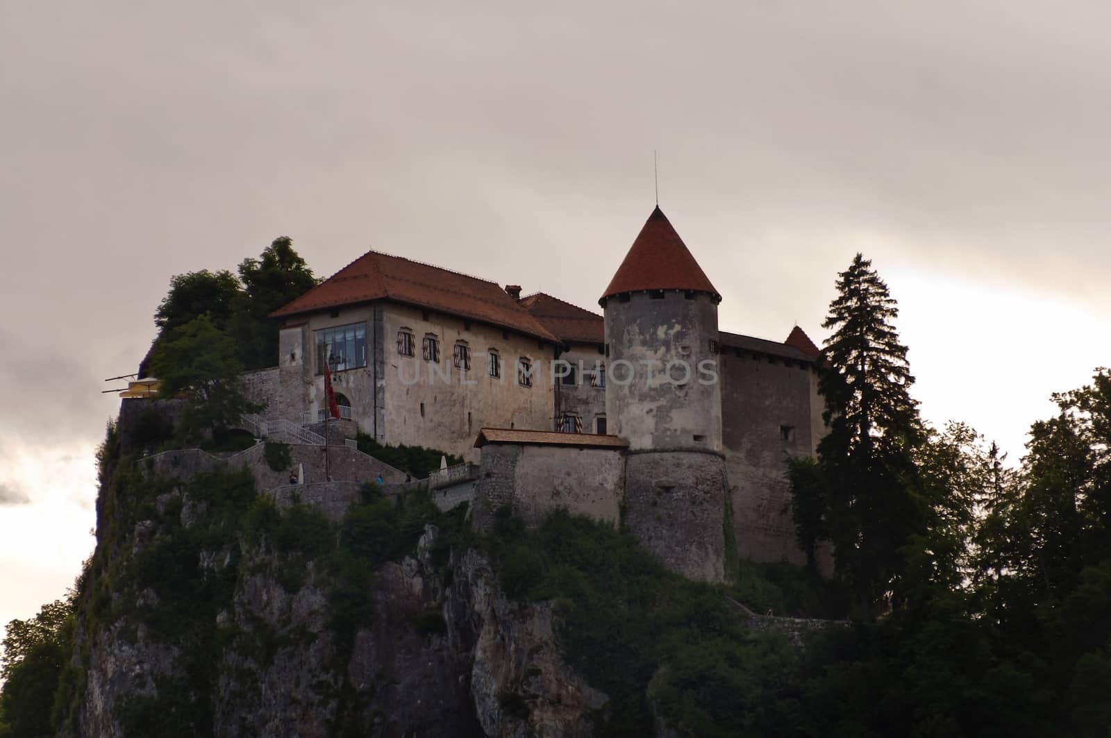 Bled castle, Slovenia in sunset, medieval castle on a rock
