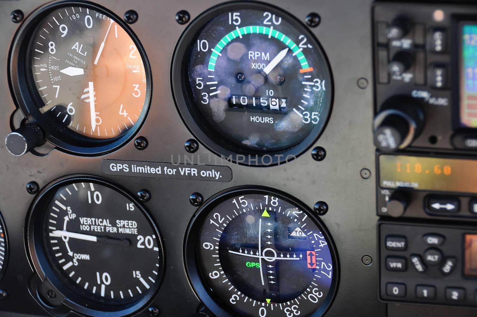 Close up of instrument panel in an aircraft, classic gages, altimeter, vertical speed indicator, horizontal situation indicator