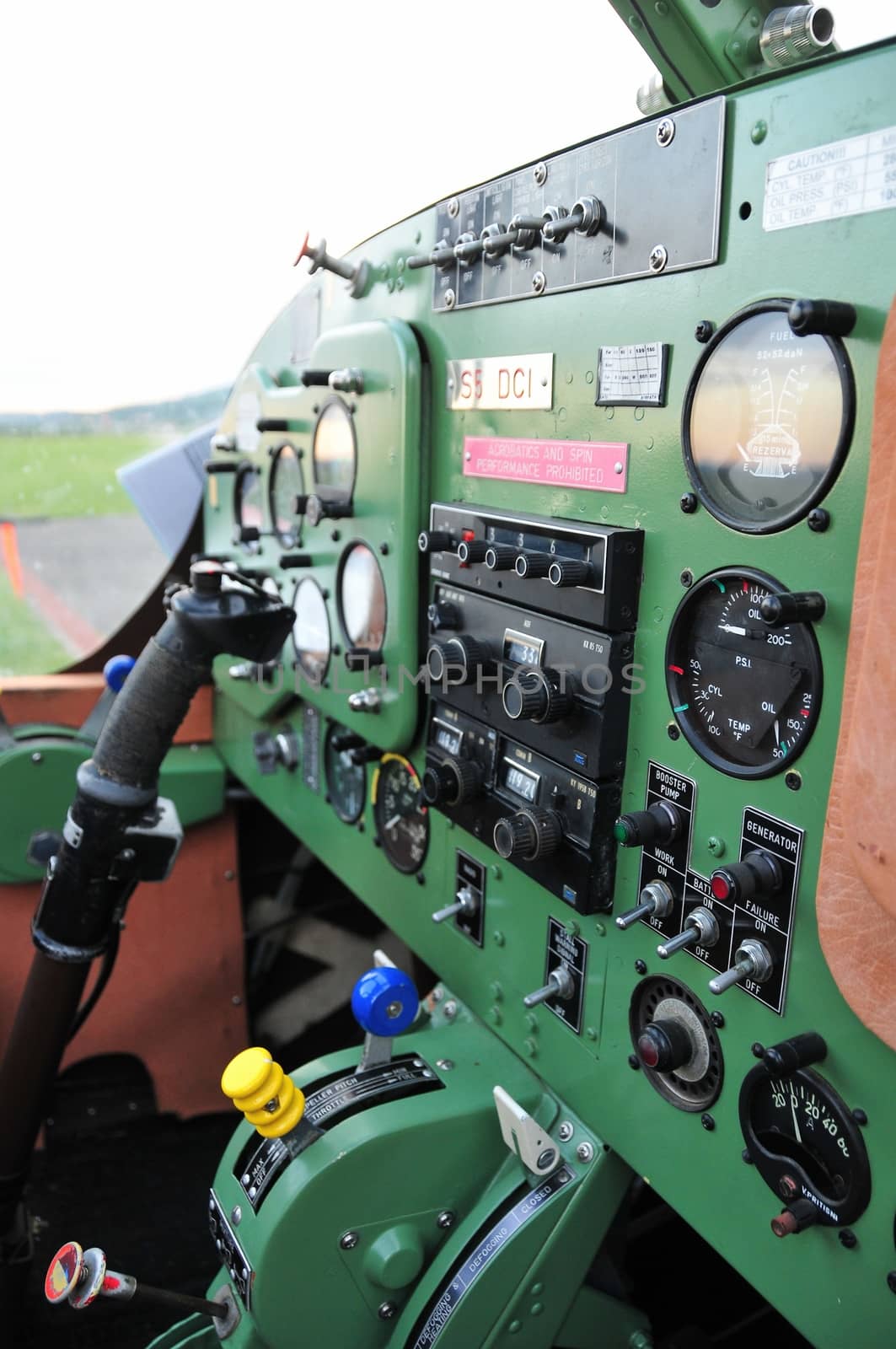 Instrument panel in small sport aircraft, vintage cockpit, aircraft interior, pilot training concept