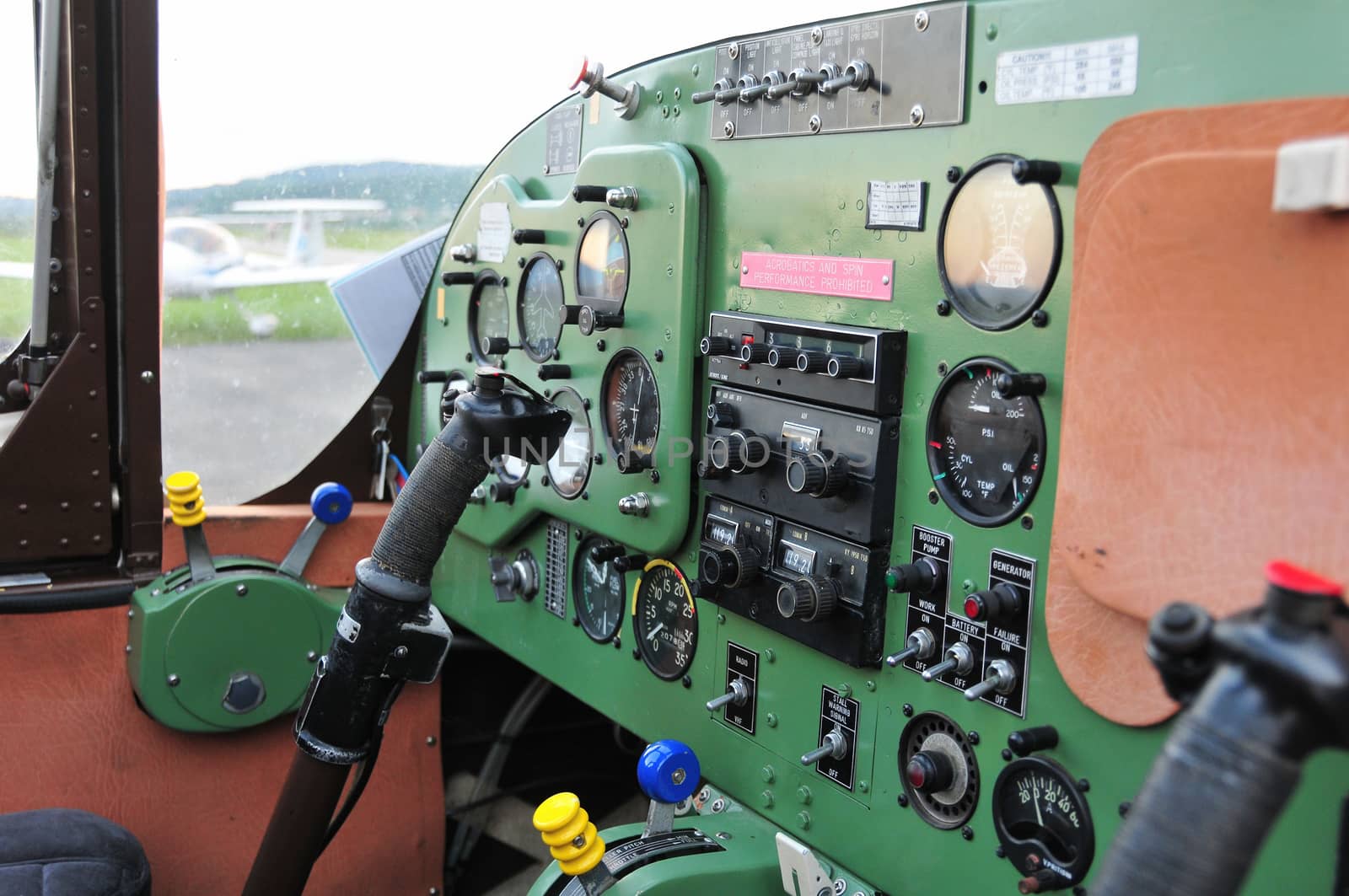 Instrument panel in small sport aircraft, vintage cockpit, aircraft interior, pilot training concept