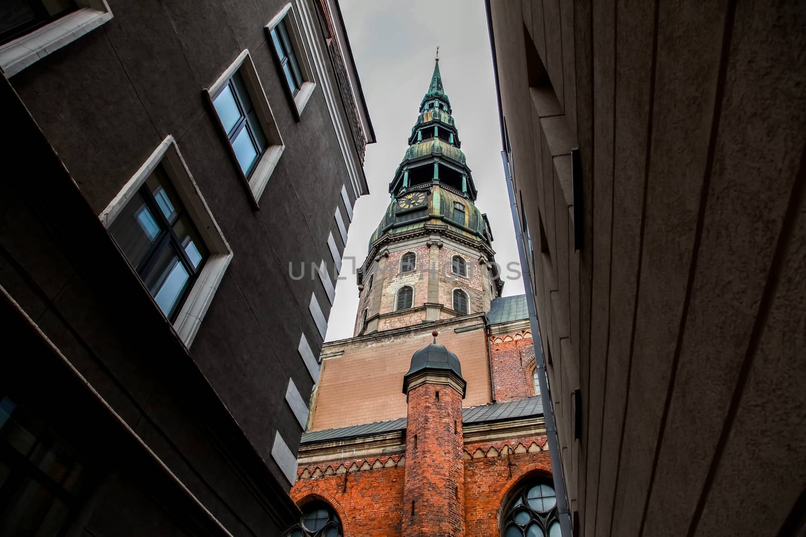 St. Peter's Church in Riga the capital of Latvia. View of Old Riga with St. Peter's Church. 