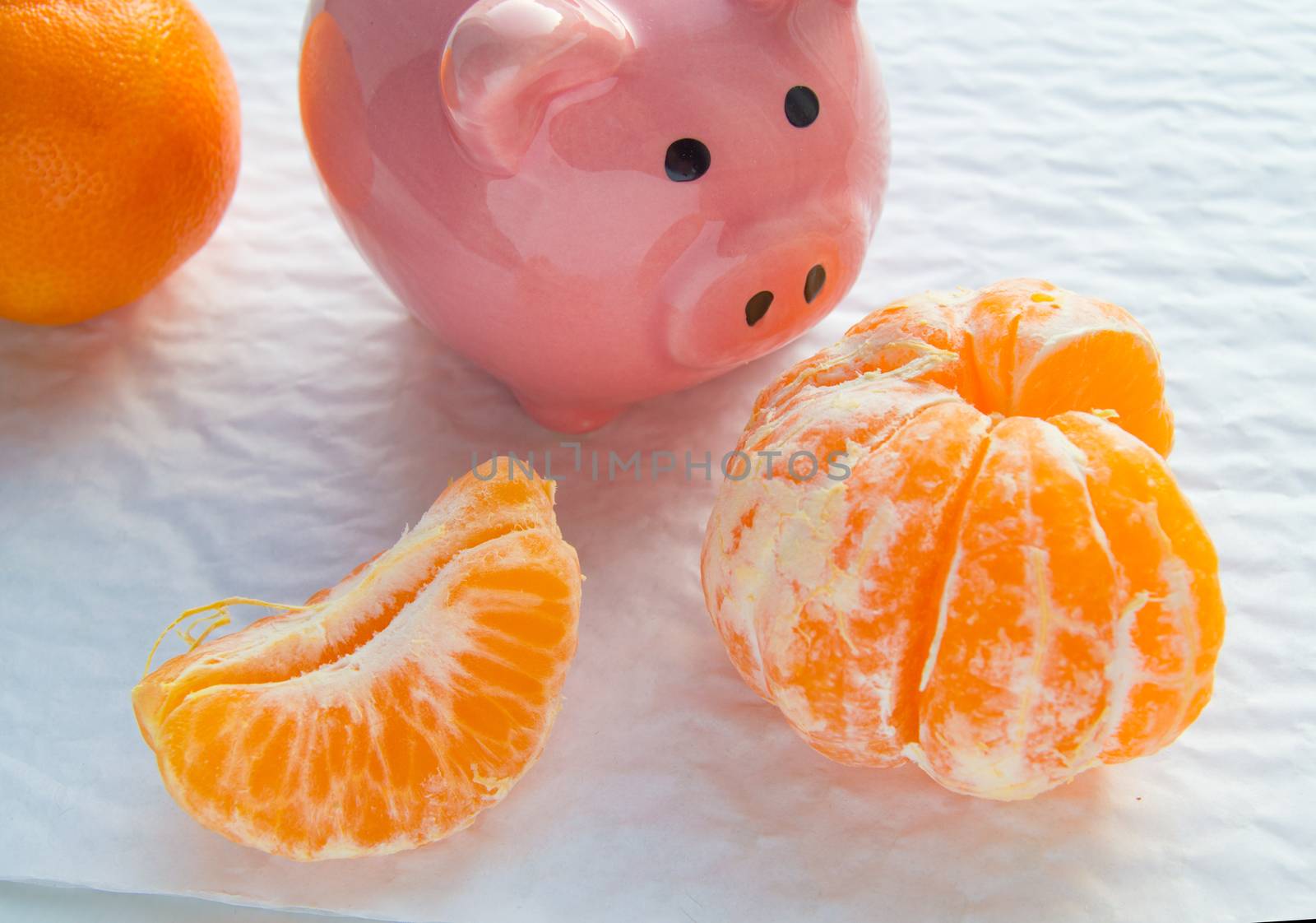 Chinese New year with copy space, piggy Bank and tangerines on white background.