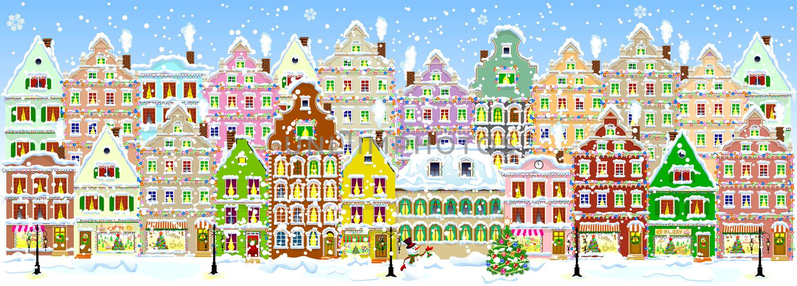 City street in winter. Christmas Eve. The winter vacation. The houses are covered with snow. Snow on a city street. Houses decorated before the winter holidays.  Snow-covered city street.                                                                                                                                                                                                                                                           
