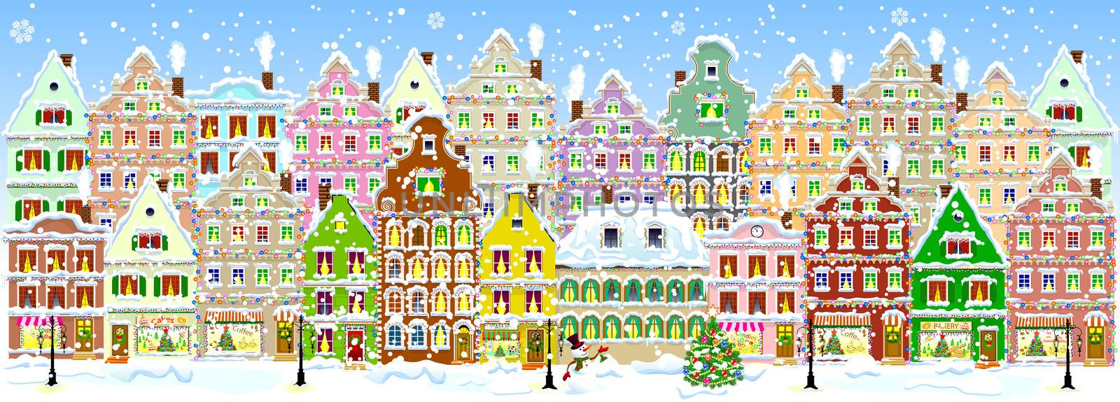 City street in winter. Christmas Eve. The winter vacation. The houses are covered with snow. Snow on a city street. Houses decorated before the winter holidays.  Snow-covered city street.                                                                                                                                                                                                                                                           