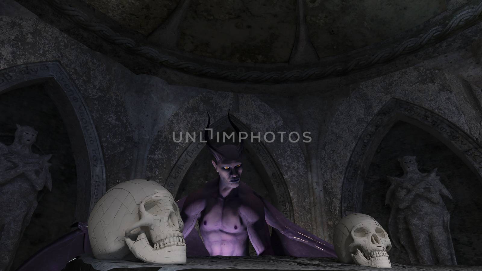 Fallen angel satan in a crypt with skulls - 3d rendering