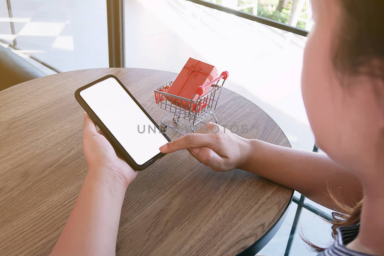 Woman and Small shopping cart with smartphone for Internet onlin by peandben