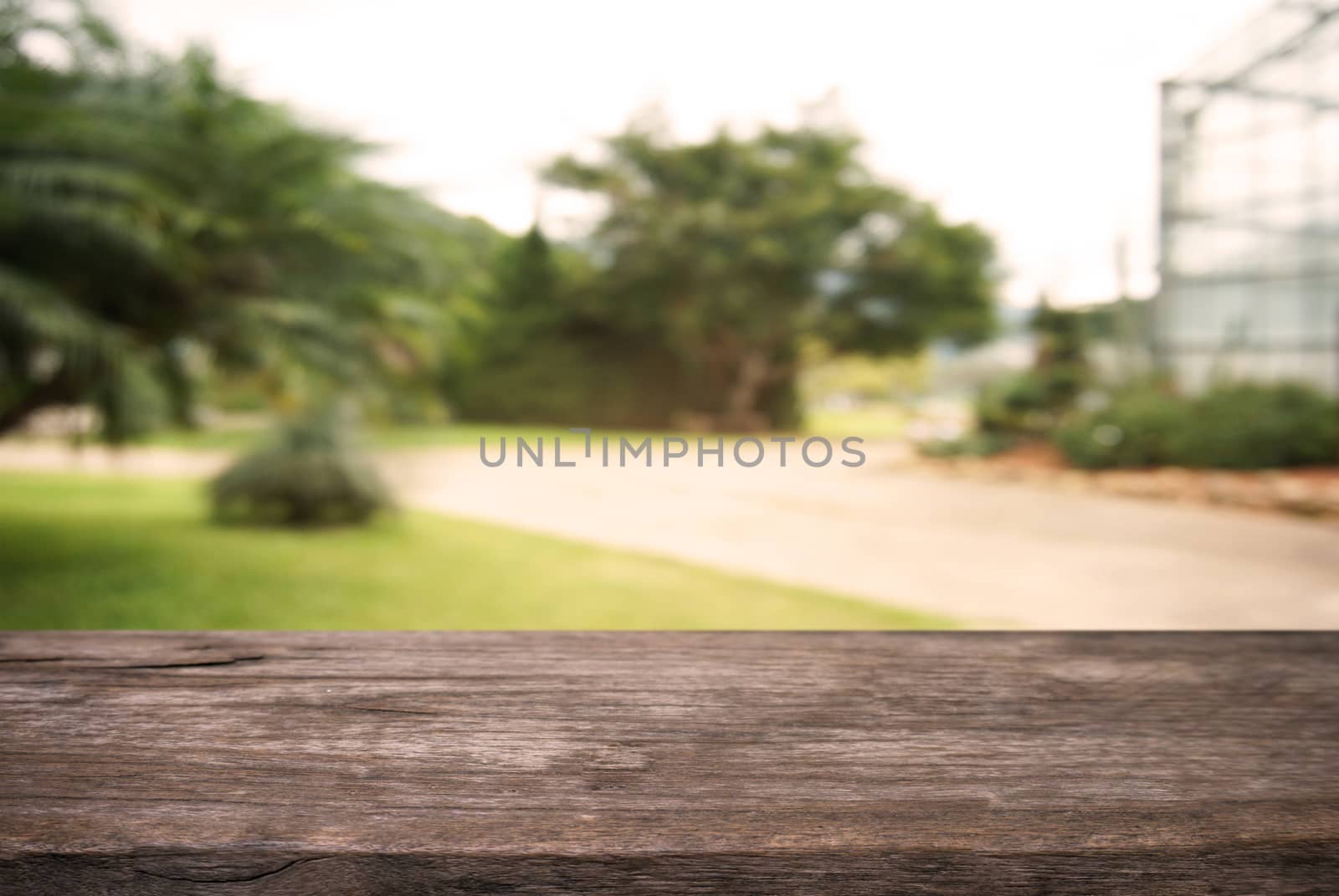 Image of wooden table in front of abstract blurred background of outdoor garden lights. can be used for display or montage your products.Mock up for display of product.