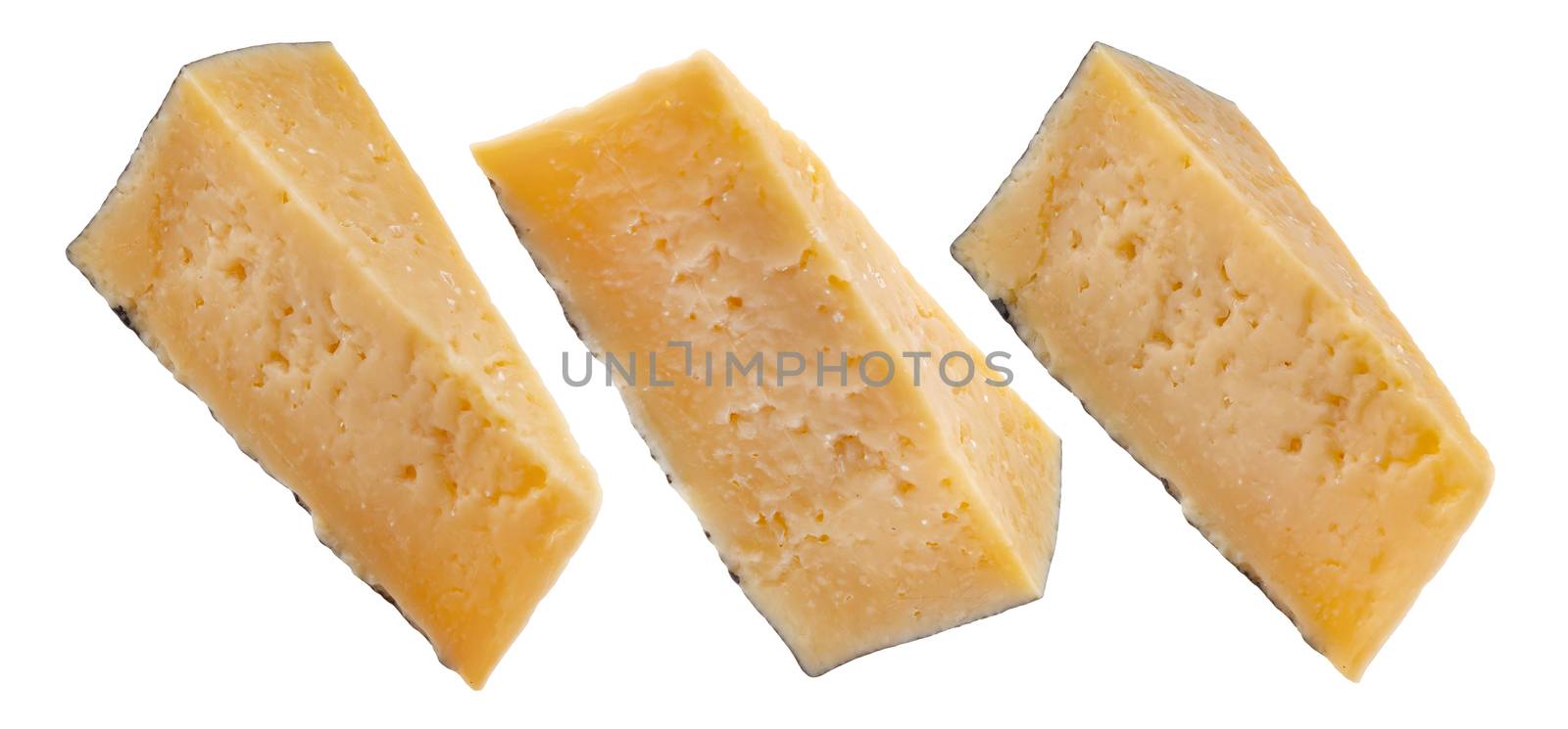 Parmigiano. Triangle piece of parmesan cheese isolated on white background with clipping path