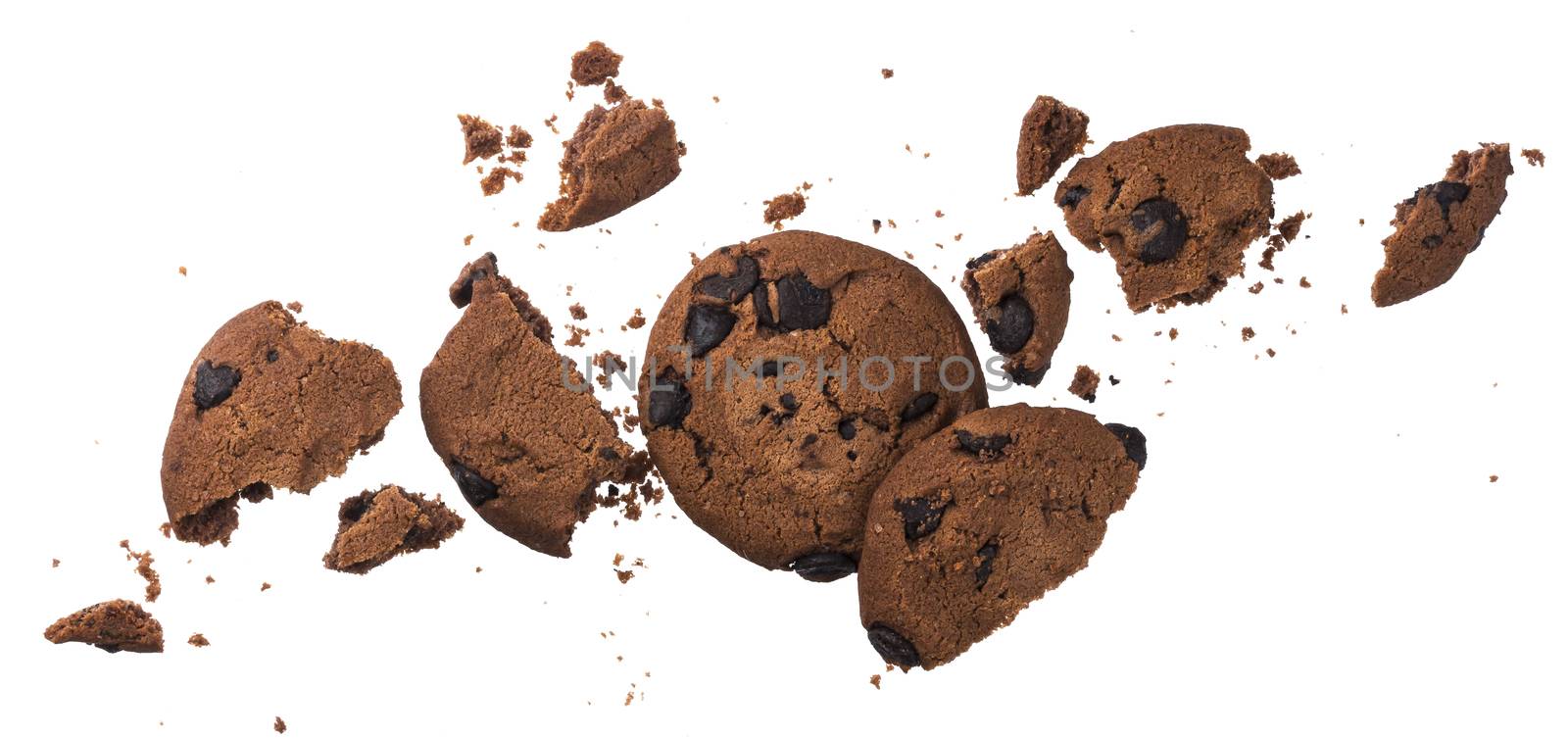 Broken chocolate chip cookies isolated on white background with clipping path. Collection