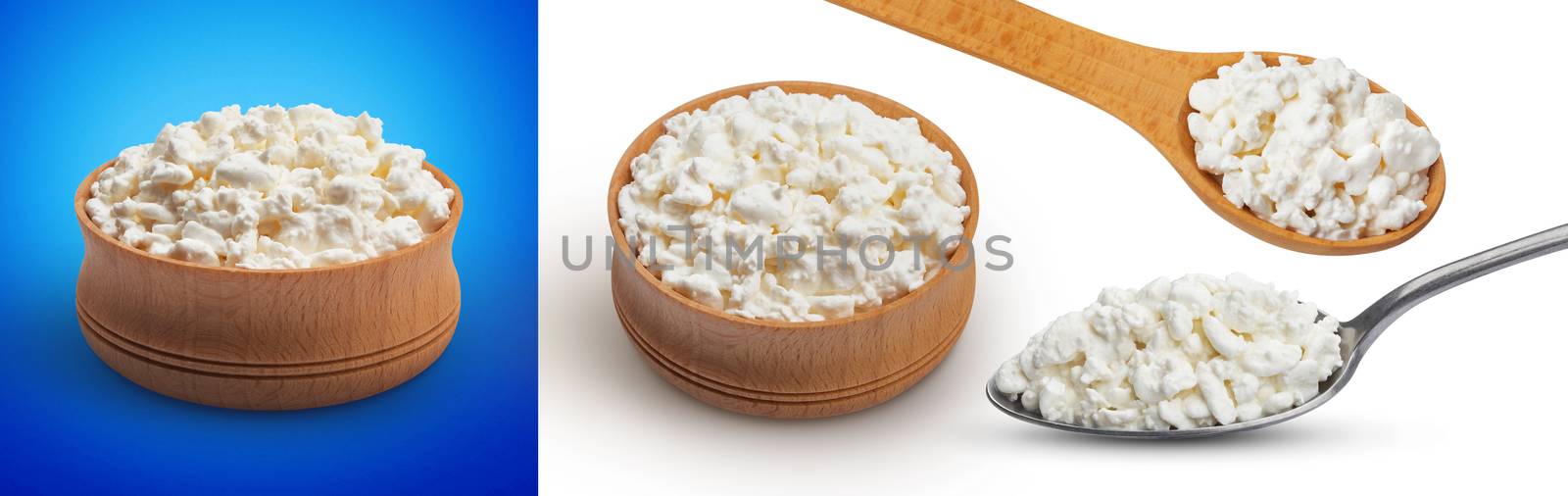 Curd cheese or cottage cheese isolated on white background with clipping path, collection