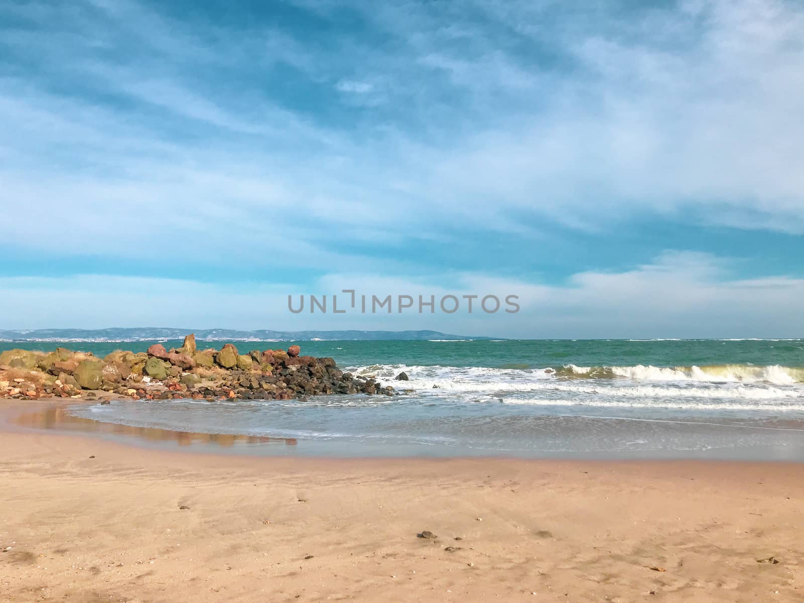 Panoramic View Of The Empty Beach And Waves. Pomorie, Bulgaria.
