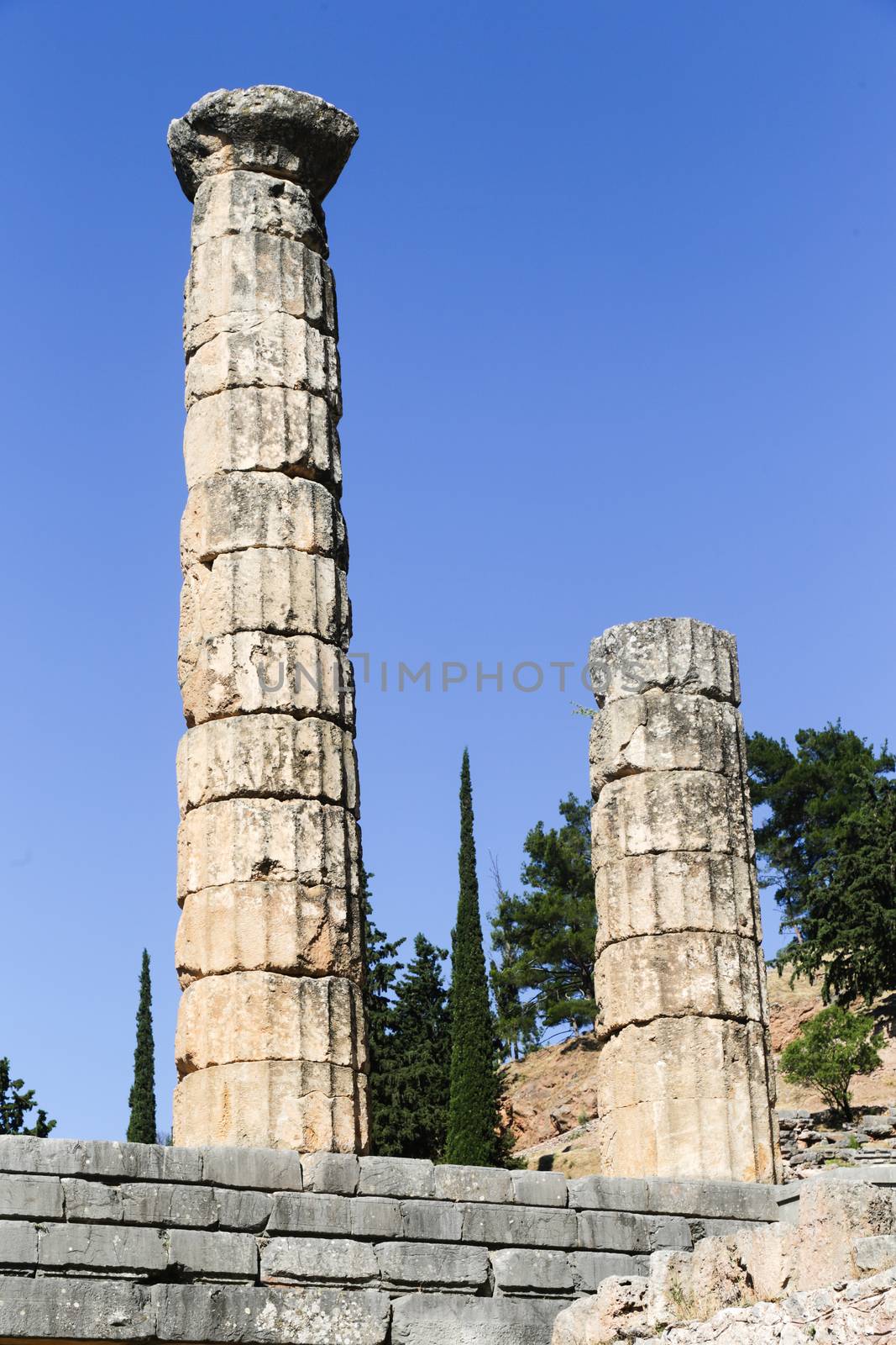 The ruins in Delphi, an archaeological site in Greece at the Mount Parnassus. Delphi is famous by the oracle at the sanctuary dedicated to Apollo. UNESCO World heritage