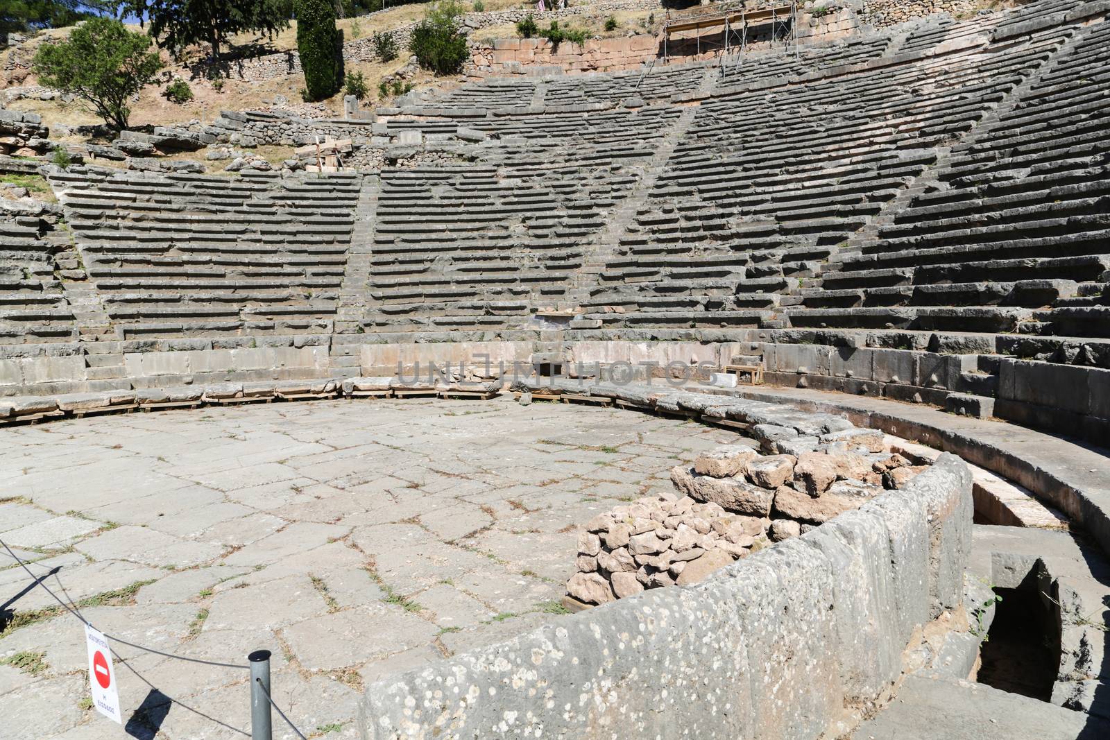 The ruins in Delphi, an archaeological site in Greece at the Mount Parnassus. Delphi is famous by the oracle at the sanctuary dedicated to Apollo. UNESCO World heritage