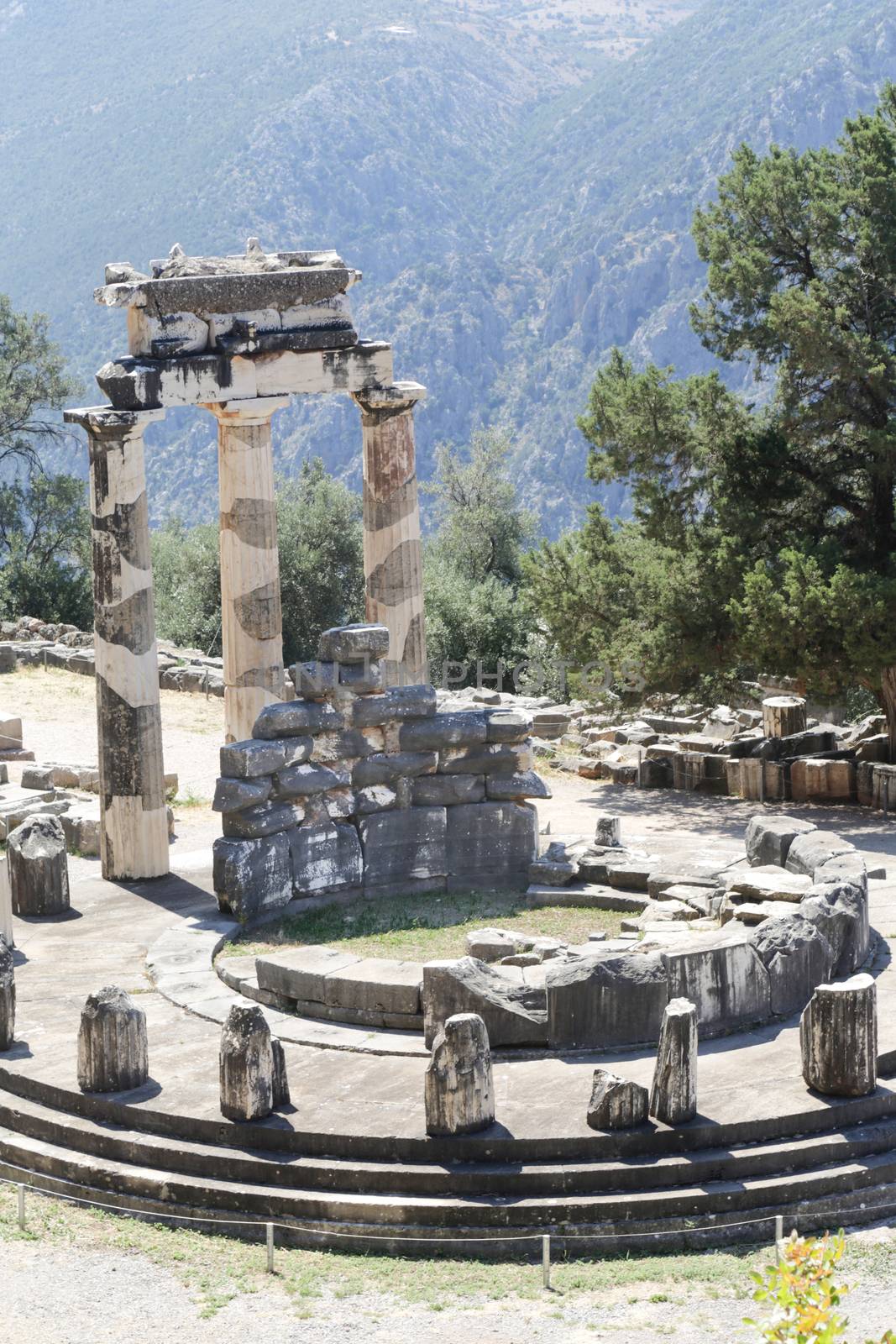 The ruins in Delphi, an archaeological site in Greece at the Mount Parnassus. Delphi is famous by the oracle at the sanctuary dedicated to Apollo. UNESCO World heritage