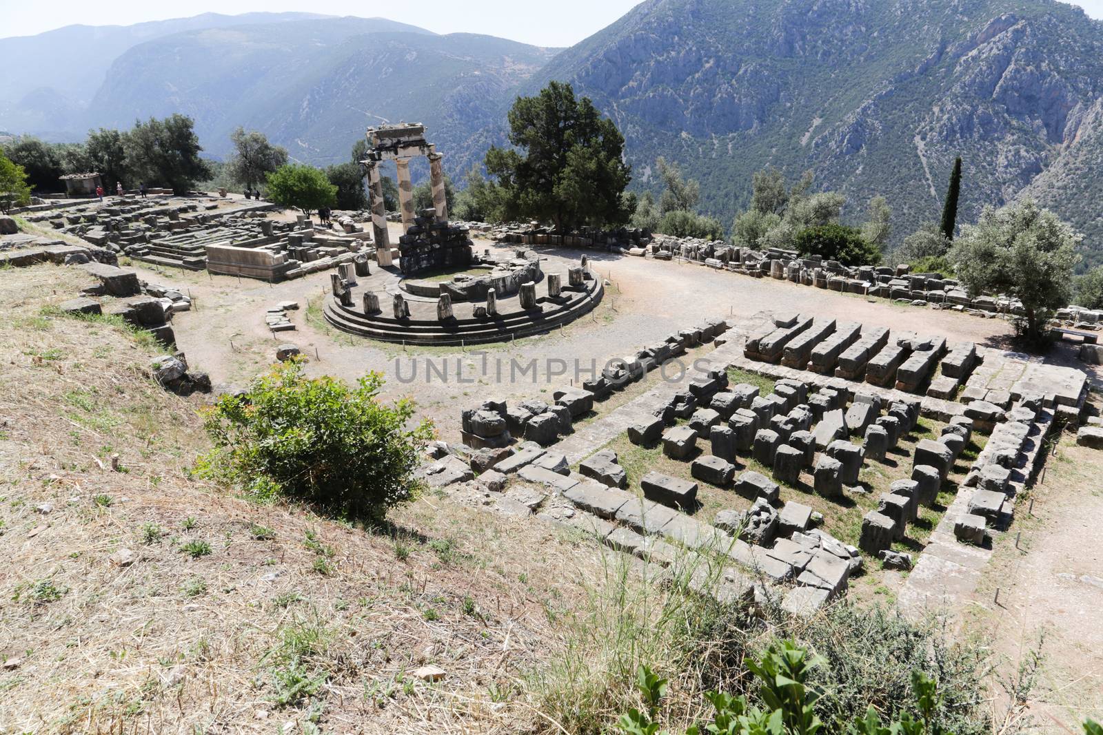 The ruins in Delphi, an archaeological site in Greece at the Mount Parnassus. Delphi is famous by the oracle at the sanctuary dedicated to Apollo. UNESCO World heritage