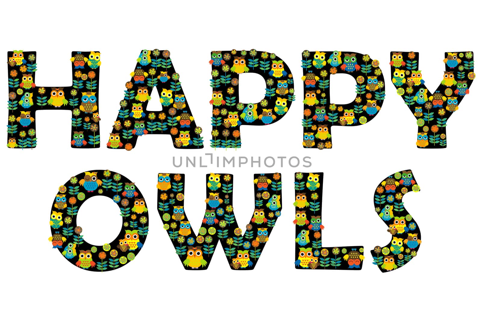 Happy owls typography with floral and cartoon owls letters by hibrida13