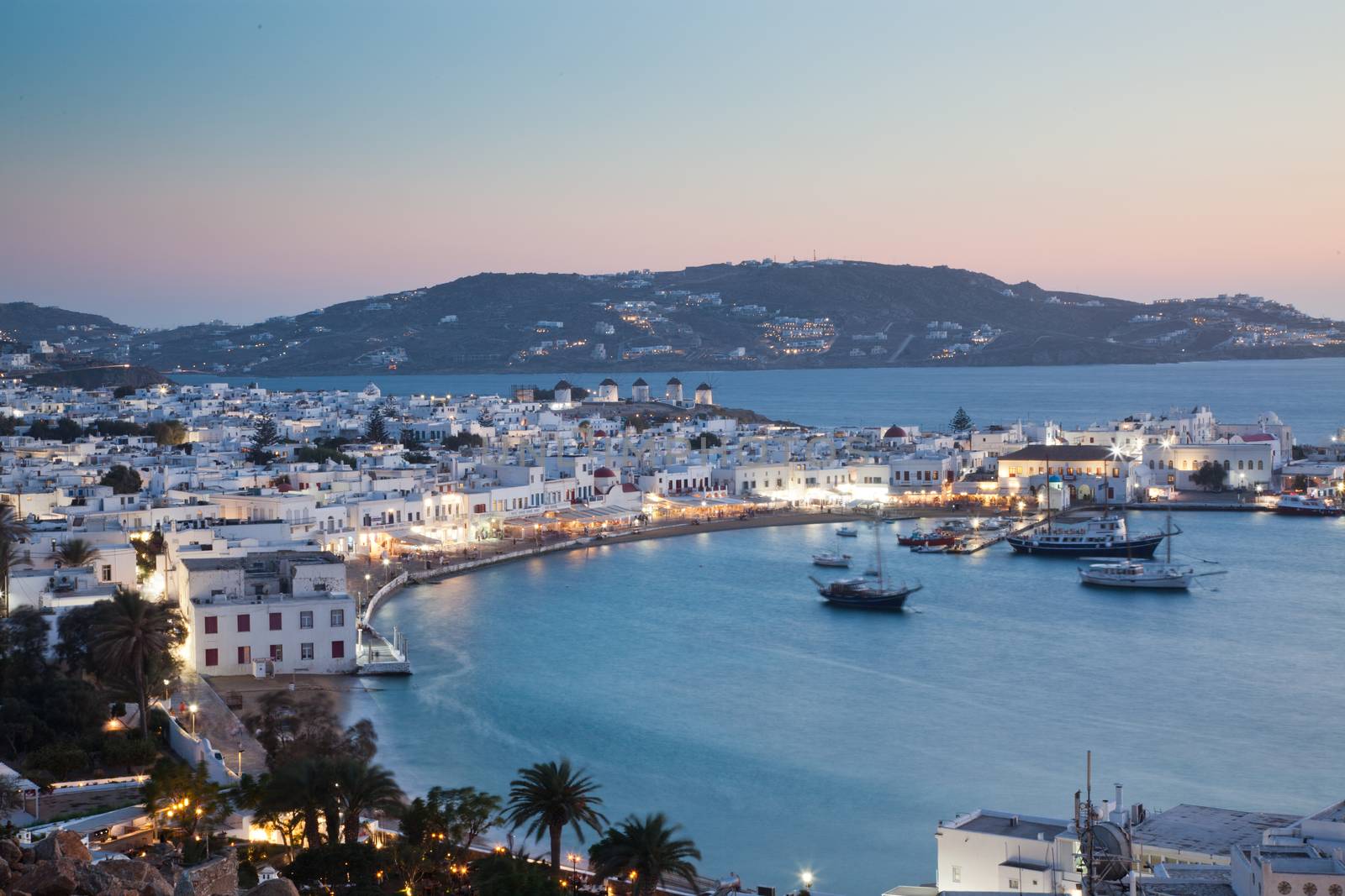 beautiful twilight over Mykonos town  Mykonos island,  Cyclades archipelago,  Greece