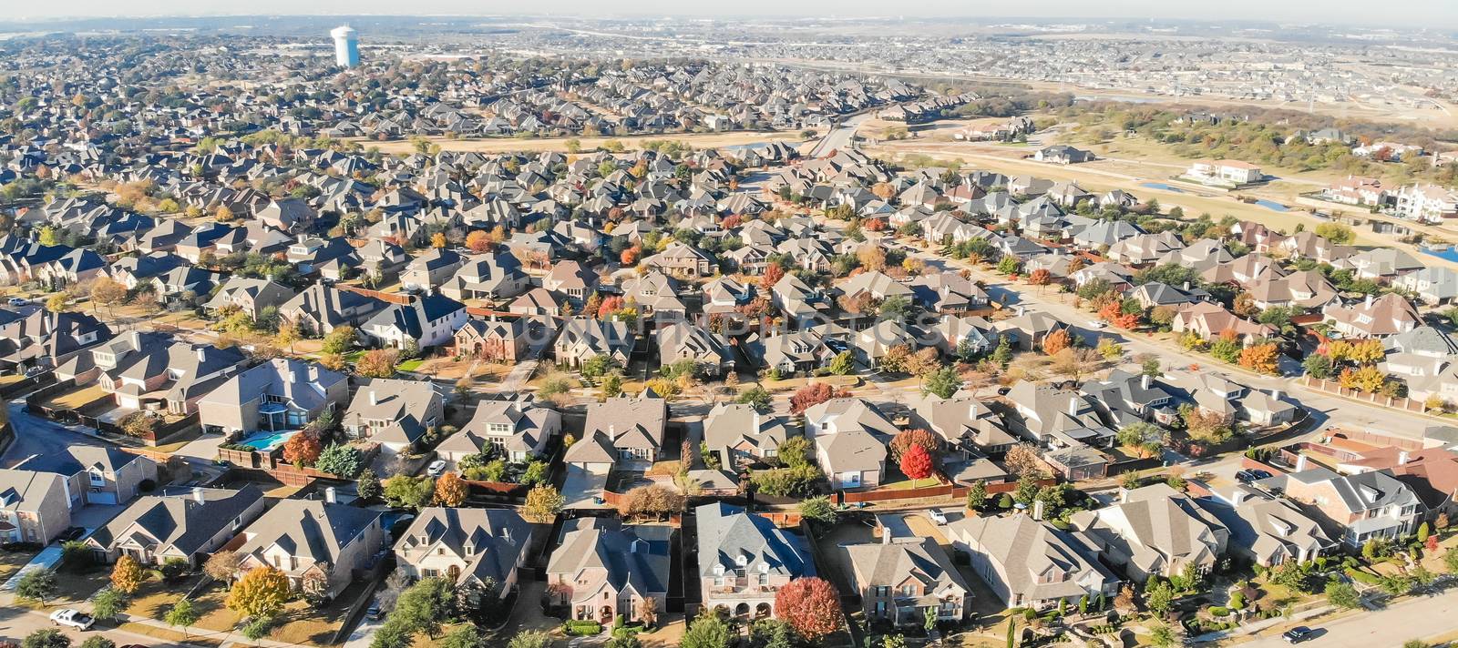 Panorama view aerial view new development neighborhood in Cedar Hill, Texas, USA in morning fall with colorful leaves. A city in Dallas and Ellis counties located 16 miles southwest of downtown