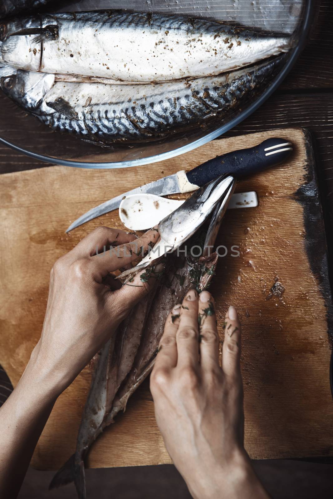 Woman preparing mackerel fish by Novic