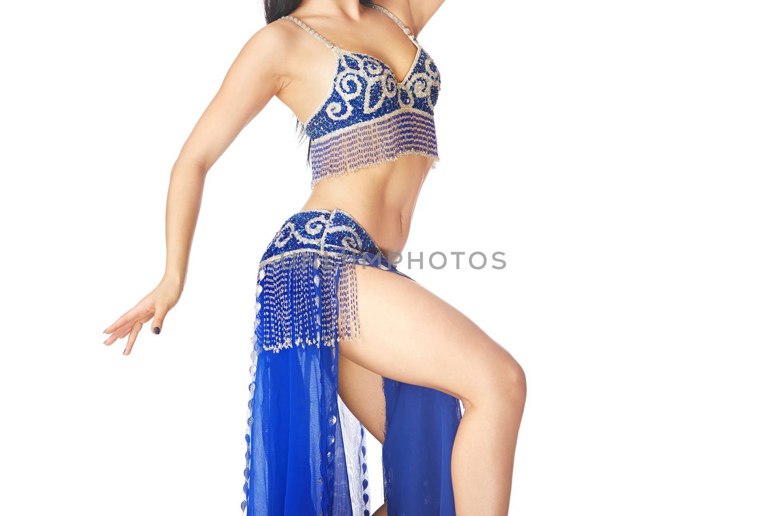 Body of the woman dancing belly dance on a white background