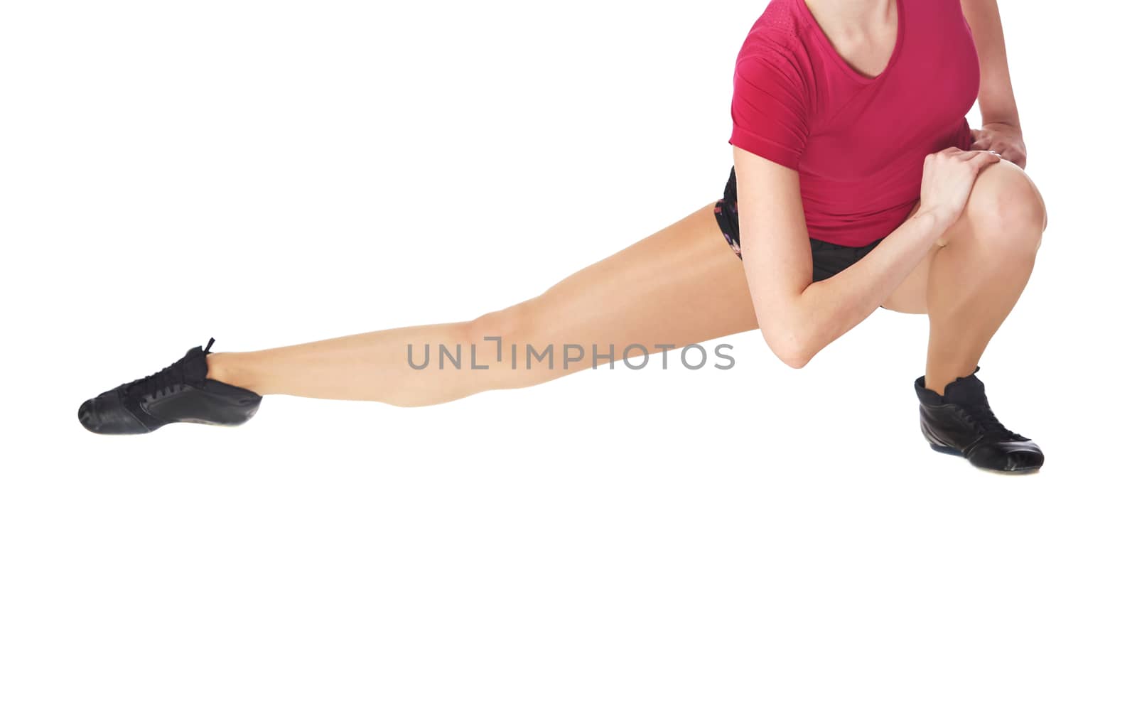 Woman doing fitness stretching execrise on a white background