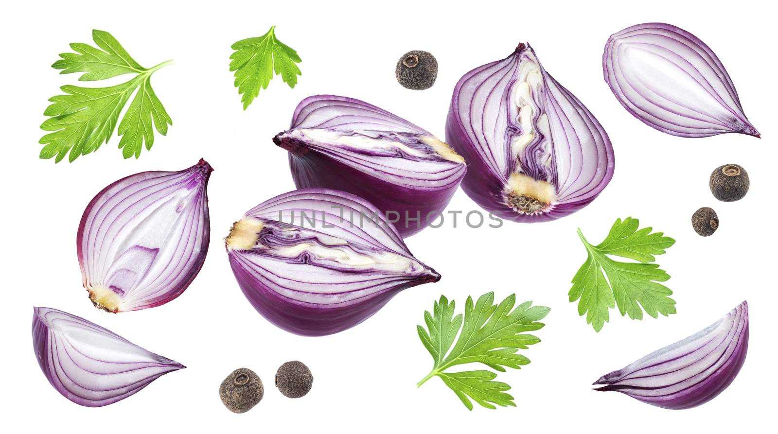 Red onion onion slices isolated on white background with clipping path