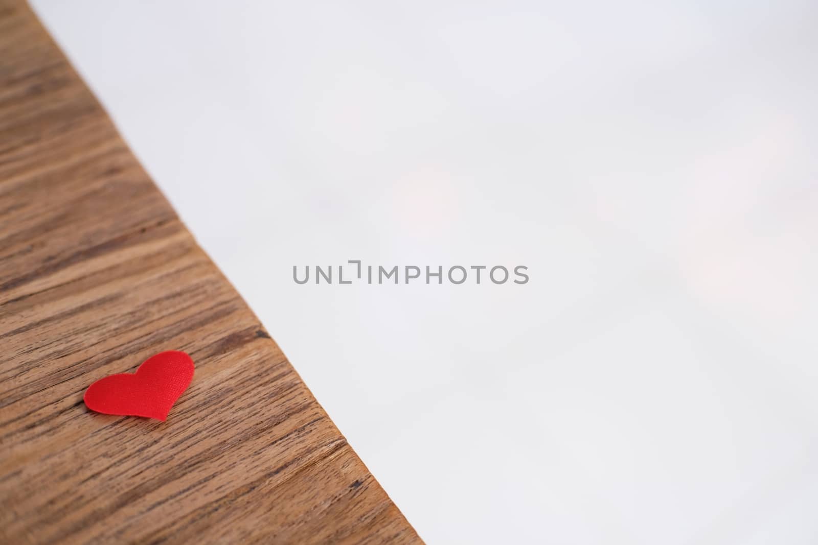 Love Valentines day background with red hearts. copy space on wooden table.