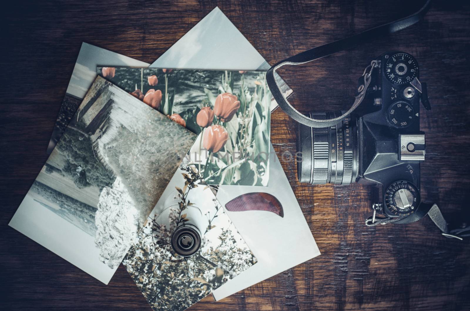 Old photo film roll and retro camera on desk.