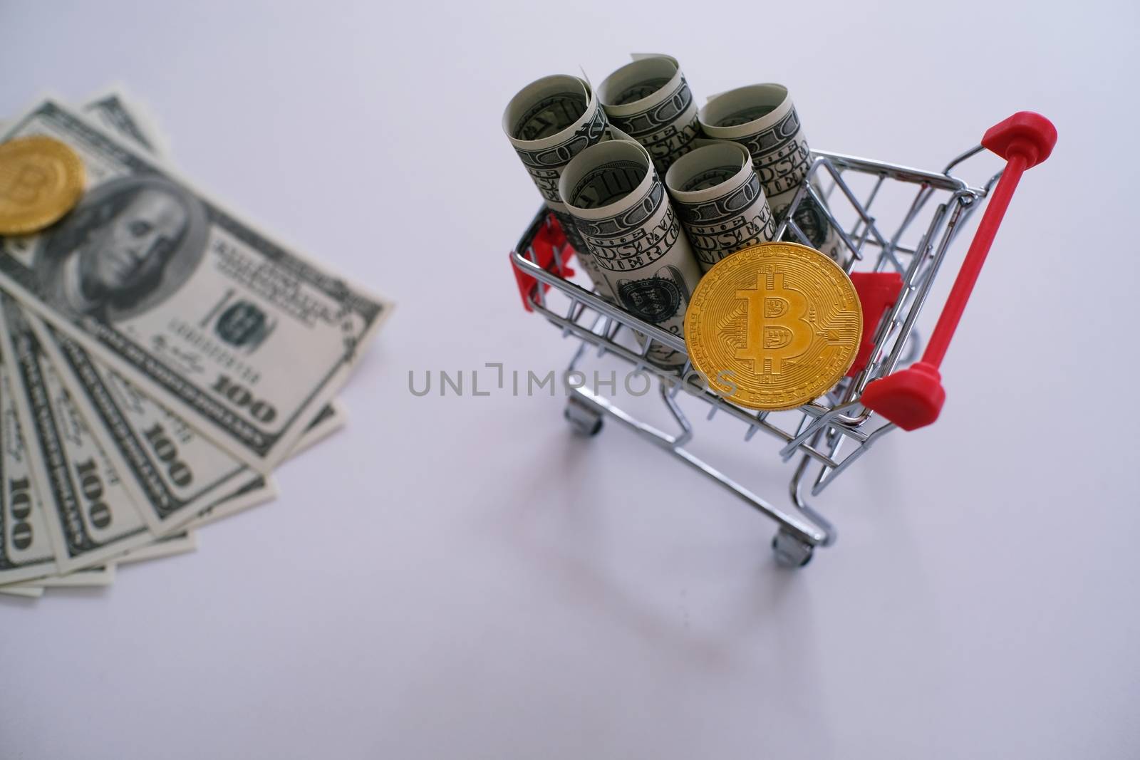 Online shopping with Coins bitcoin. trolley cart buying crypto c by peandben