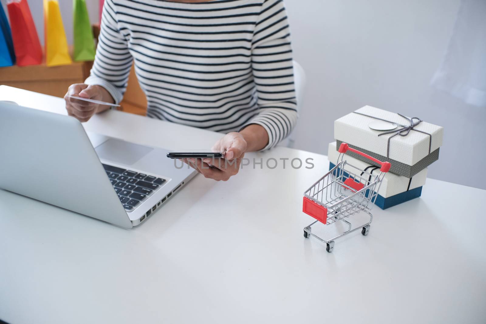 Woman and Small shopping cart with Laptop for Internet online shopping concept