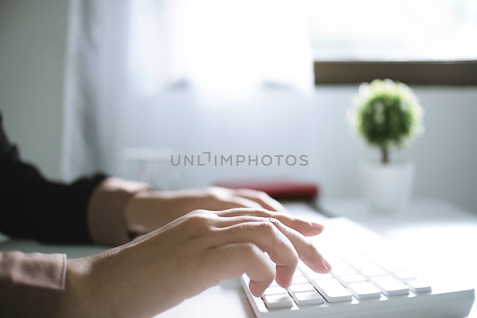 Woman working by using a laptop computer on wooden table. Hands typing on a keyboard.