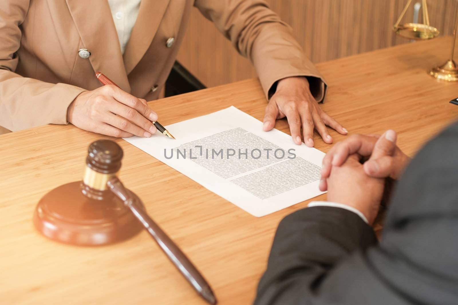 Female lawyer handshake with client. Business partnership meeting successful concept