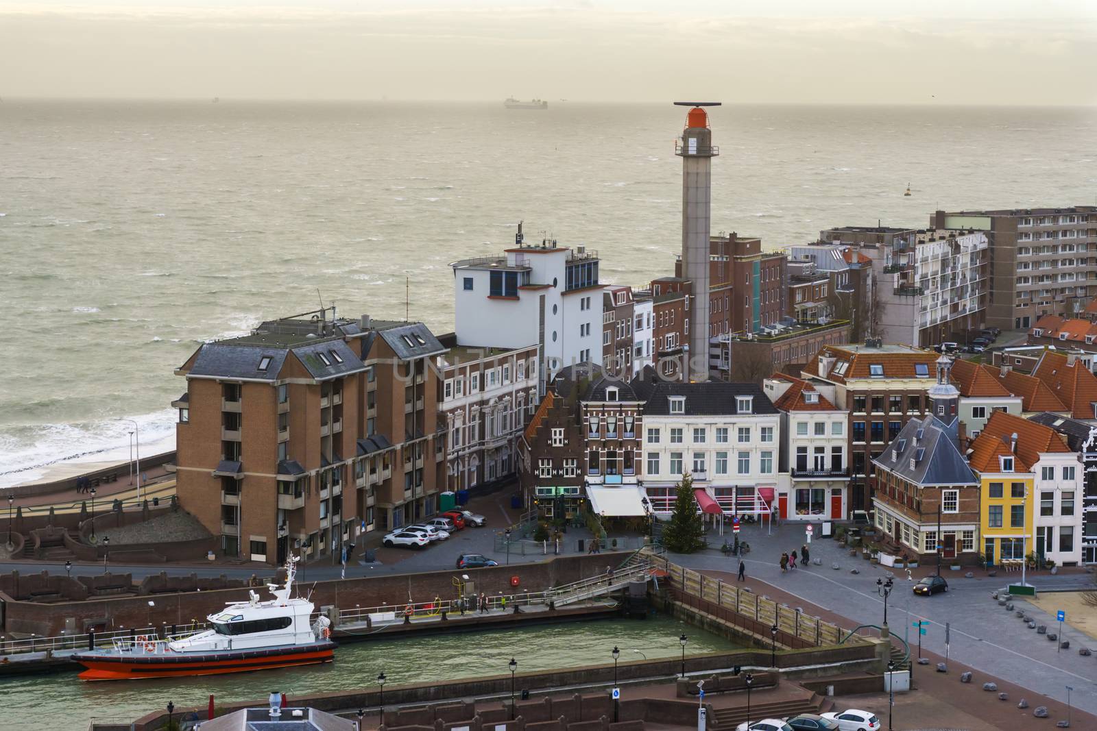 Boat docking at the harbor of Vlissingen, a popular and typical dutch city, Zeeland, The Netherlands