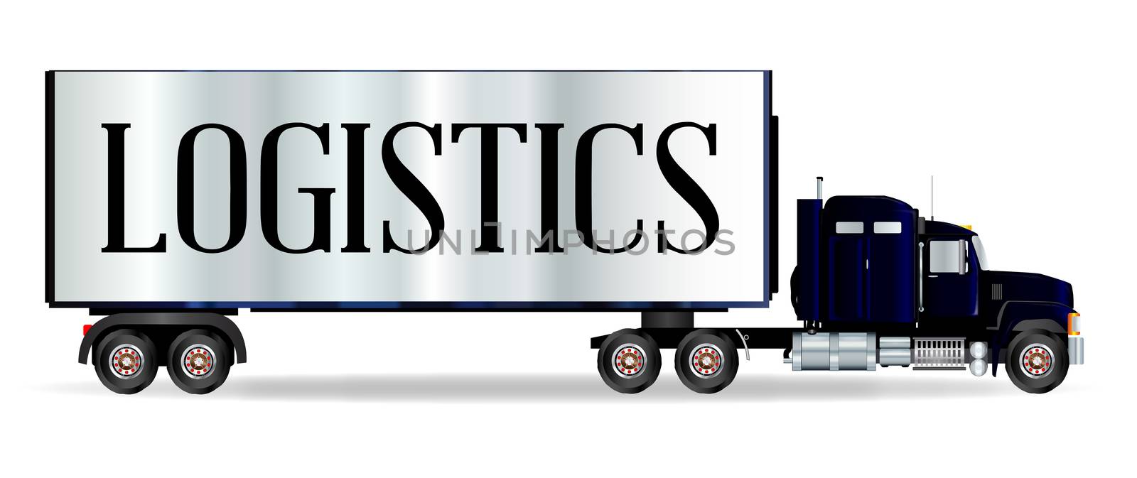 The front end of a large lorry over a white background with logistics inscription