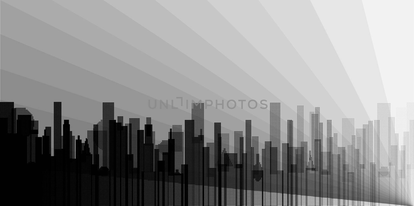 A grey cityscape with pollution shown in grey and silhouette.
