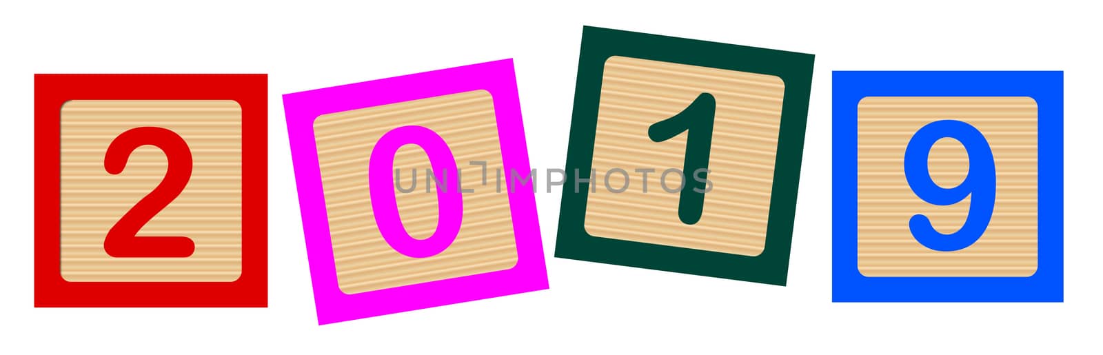 Wooden blocks with numbers 2019 over a white background